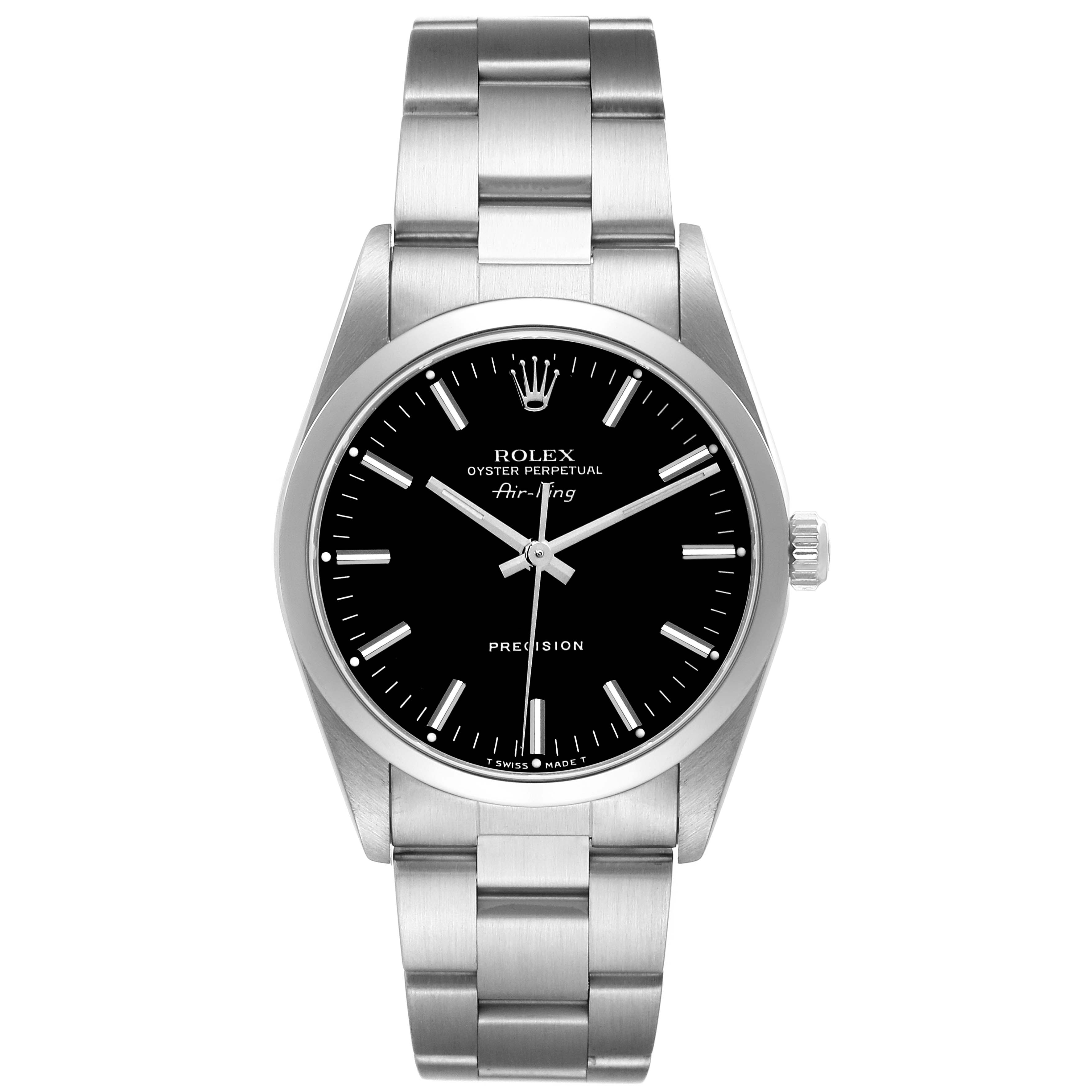 The image shows a front view of a Rolex Air-King 14000 Men's Stainless Steel Black Dial 14000 Men's Stainless Steel Black Dial watch, highlighting its black dial, stainless steel case, and bracelet.