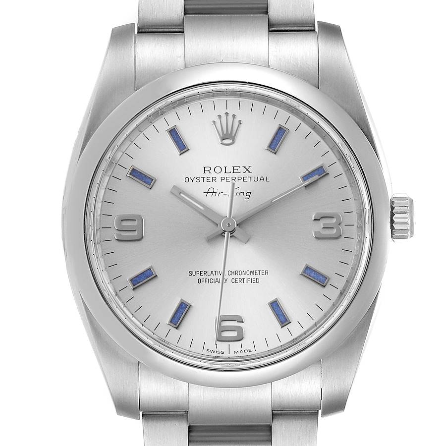 Rolex Air King Silver Dial Blue Hour Markers Steel Mens Watch 114200 SwissWatchExpo