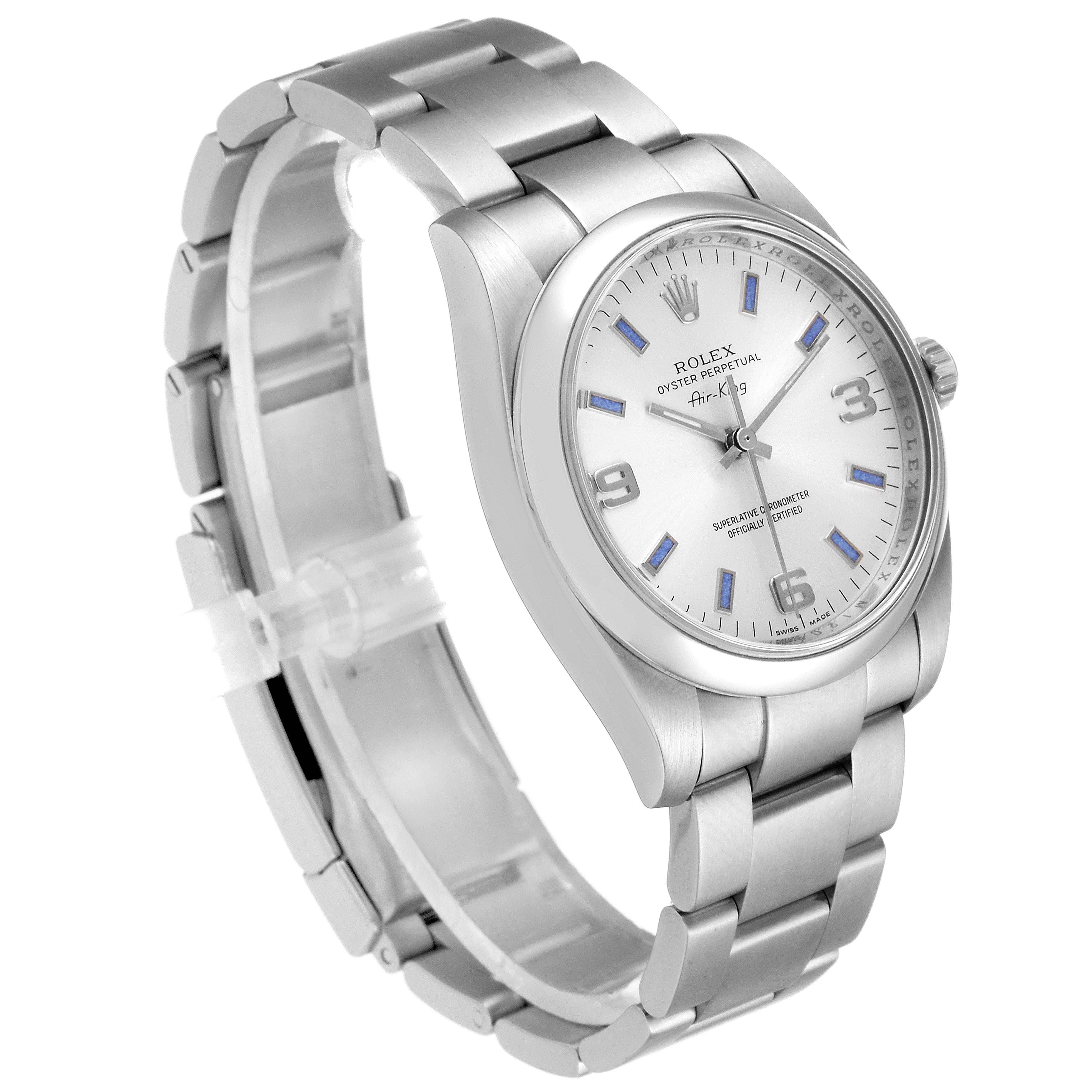 The image shows a Rolex Air-King 114200 Men's Stainless Steel Silver Dial 114200 Men's Stainless Steel Silver Dial watch at a three-quarter angle, displaying the face, bezel, crown, and bracelet.