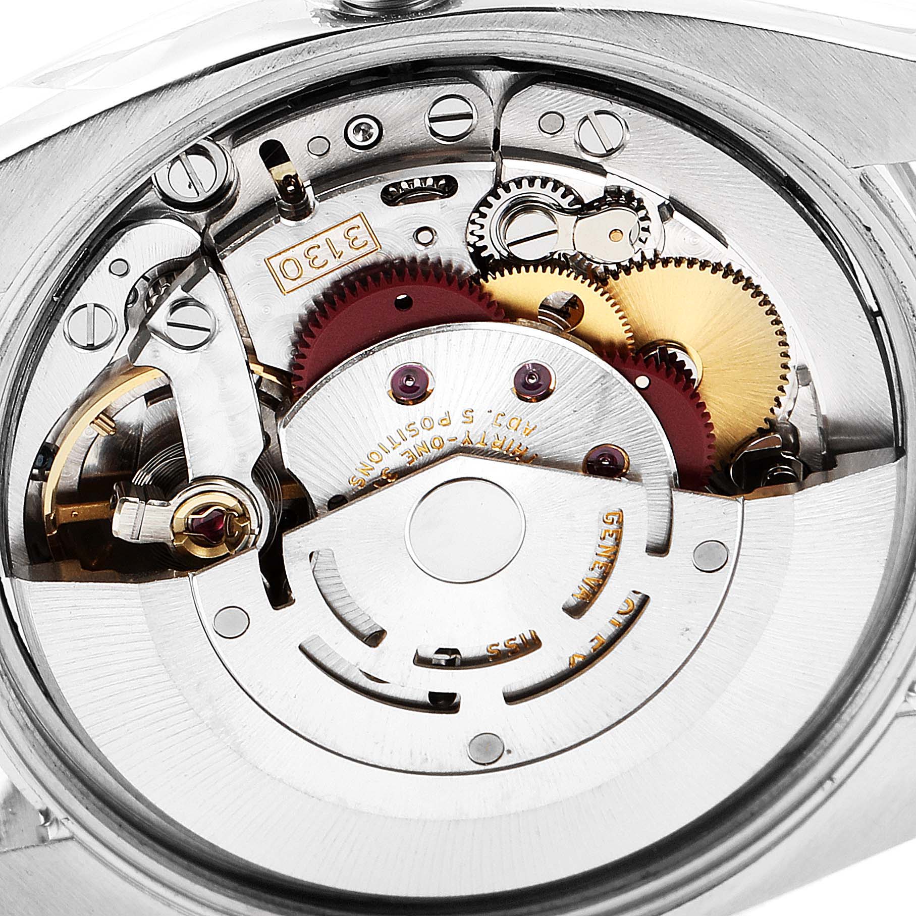 The image shows an angled close-up view of the internal mechanism of a Rolex Air-King 114200 Men's Stainless Steel Silver Dial 114200 Men's Stainless Steel Silver Dial watch, highlighting gears and movement parts.