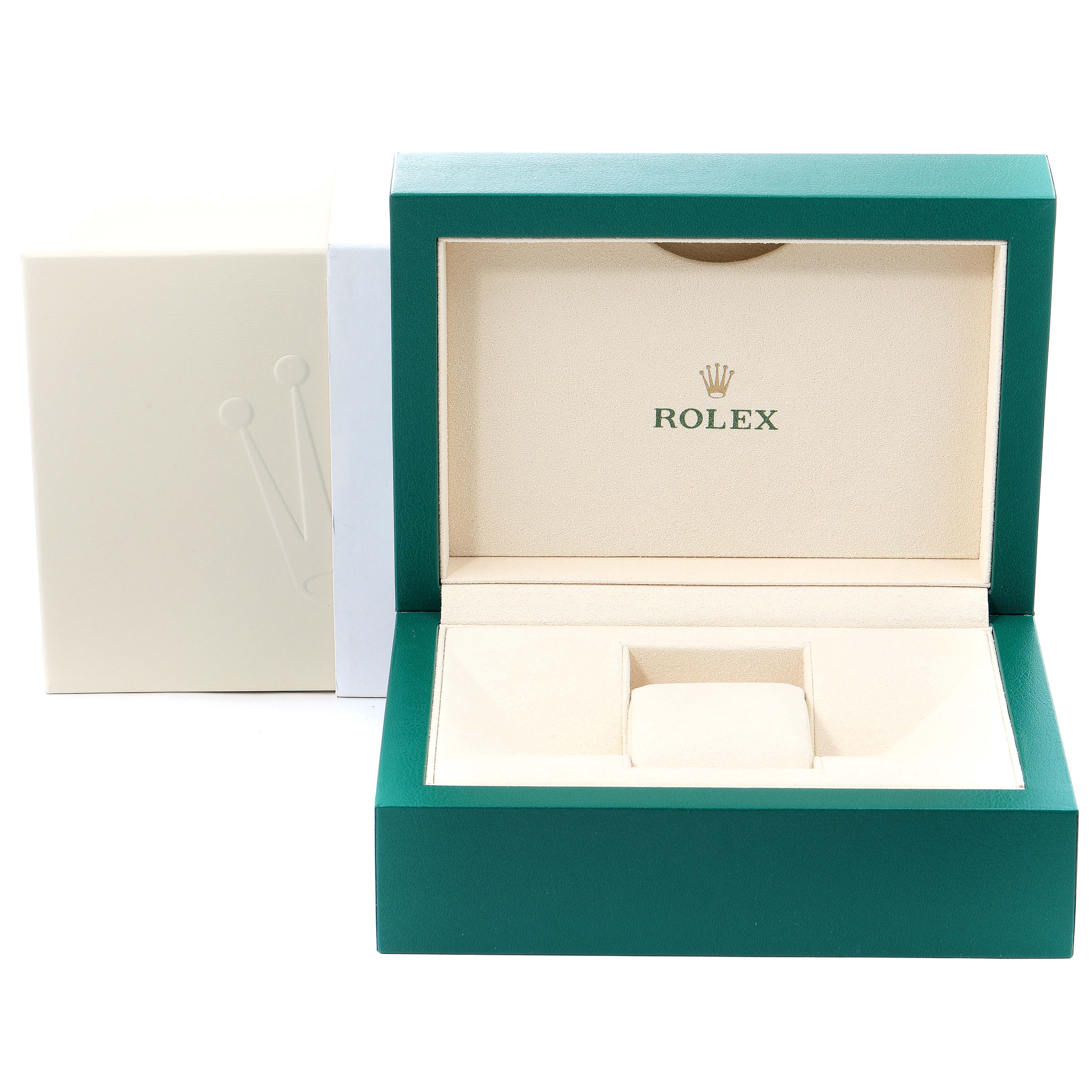 This image shows an open green and beige watch box with the Rolex logo, likely for the Air-King model by Rolex.