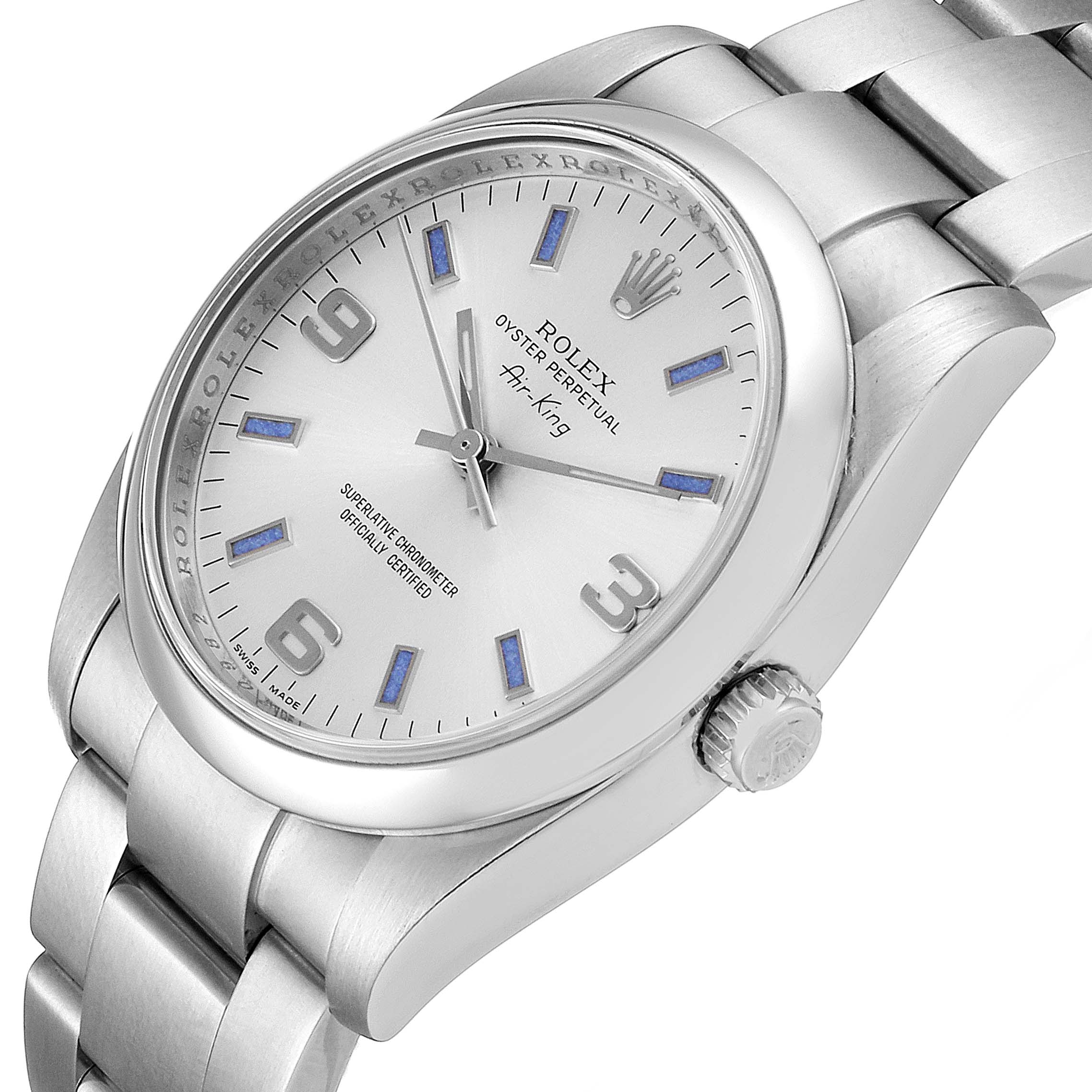 The image shows a close-up angled view of the Rolex Air-King 114200 Men's Stainless Steel Silver Dial 114200 Men's Stainless Steel Silver Dial watch, highlighting the face, bezel, crown, and part of the bracelet.