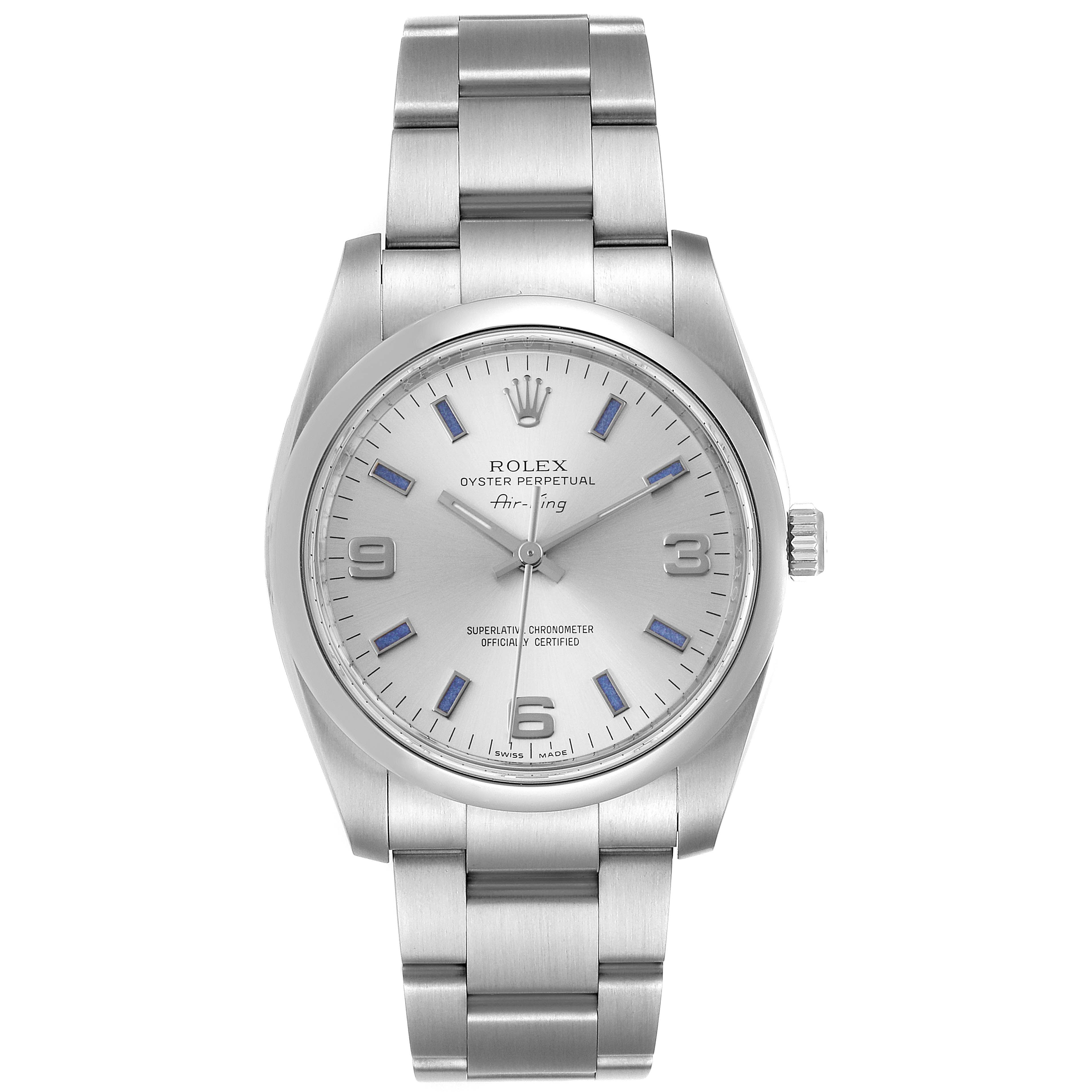 The image shows a frontal view of a Rolex Air-King 114200 Men's Stainless Steel Silver Dial 114200 Men's Stainless Steel Silver Dial watch, displaying the dial, bracelet, and clasp.