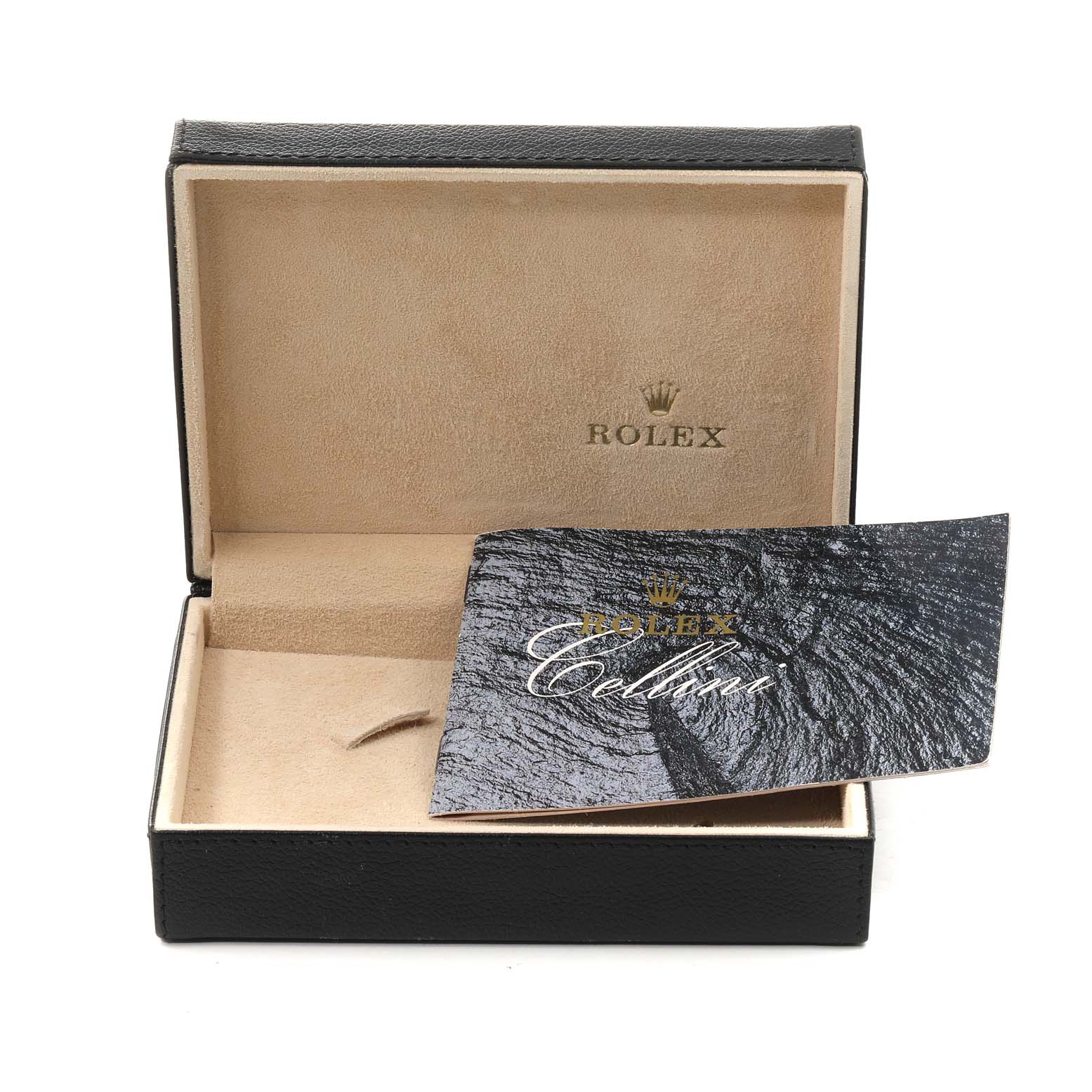 The image shows an open Rolex Cellini 5116 Men's White Gold Black Dial 5116 Men's White Gold Black Dial watch box and an accompanying warranty booklet.