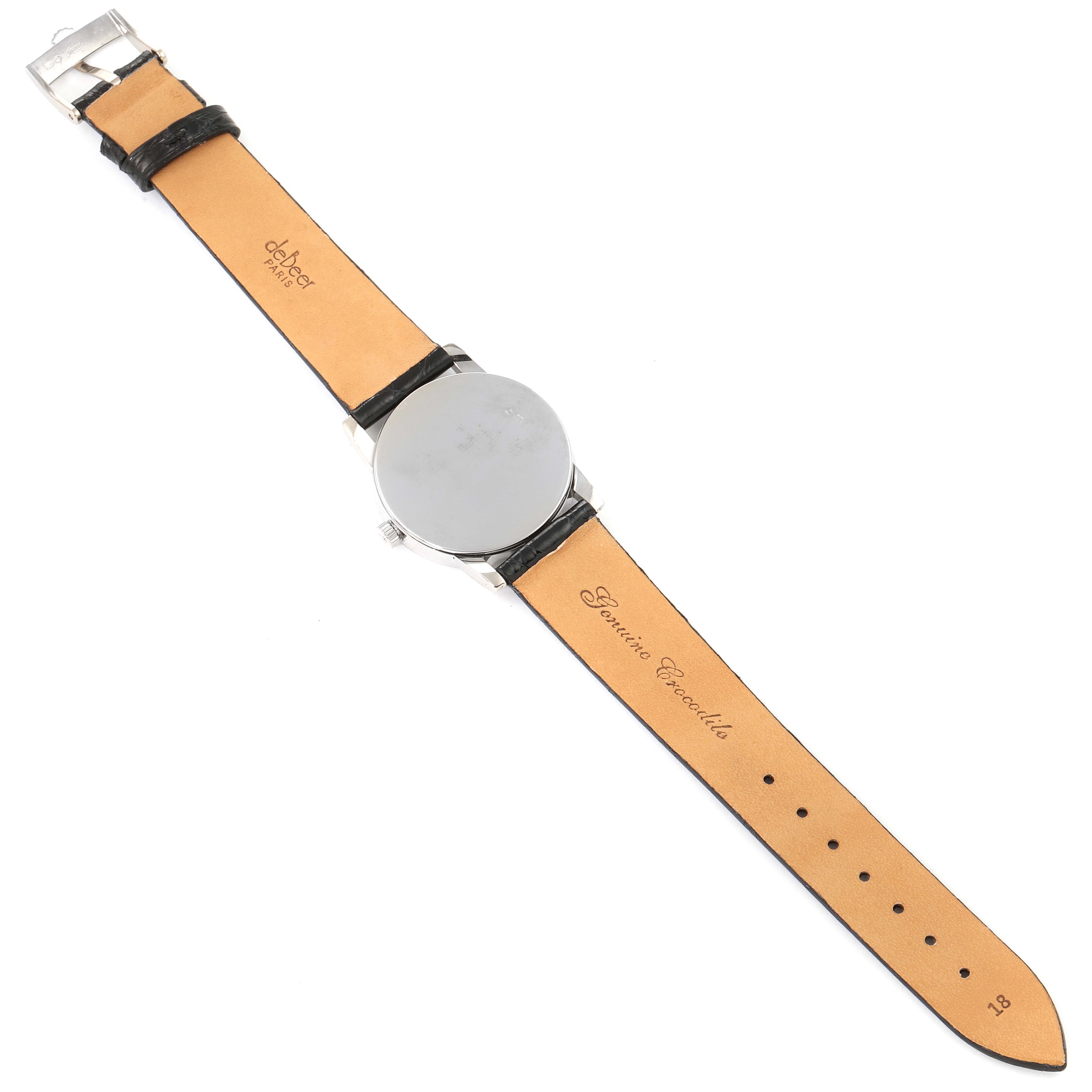 The Rolex Cellini 5116 Men's White Gold Black Dial 5116 Men's White Gold Black Dial watch is shown from the back, displaying its leather strap and the case back.