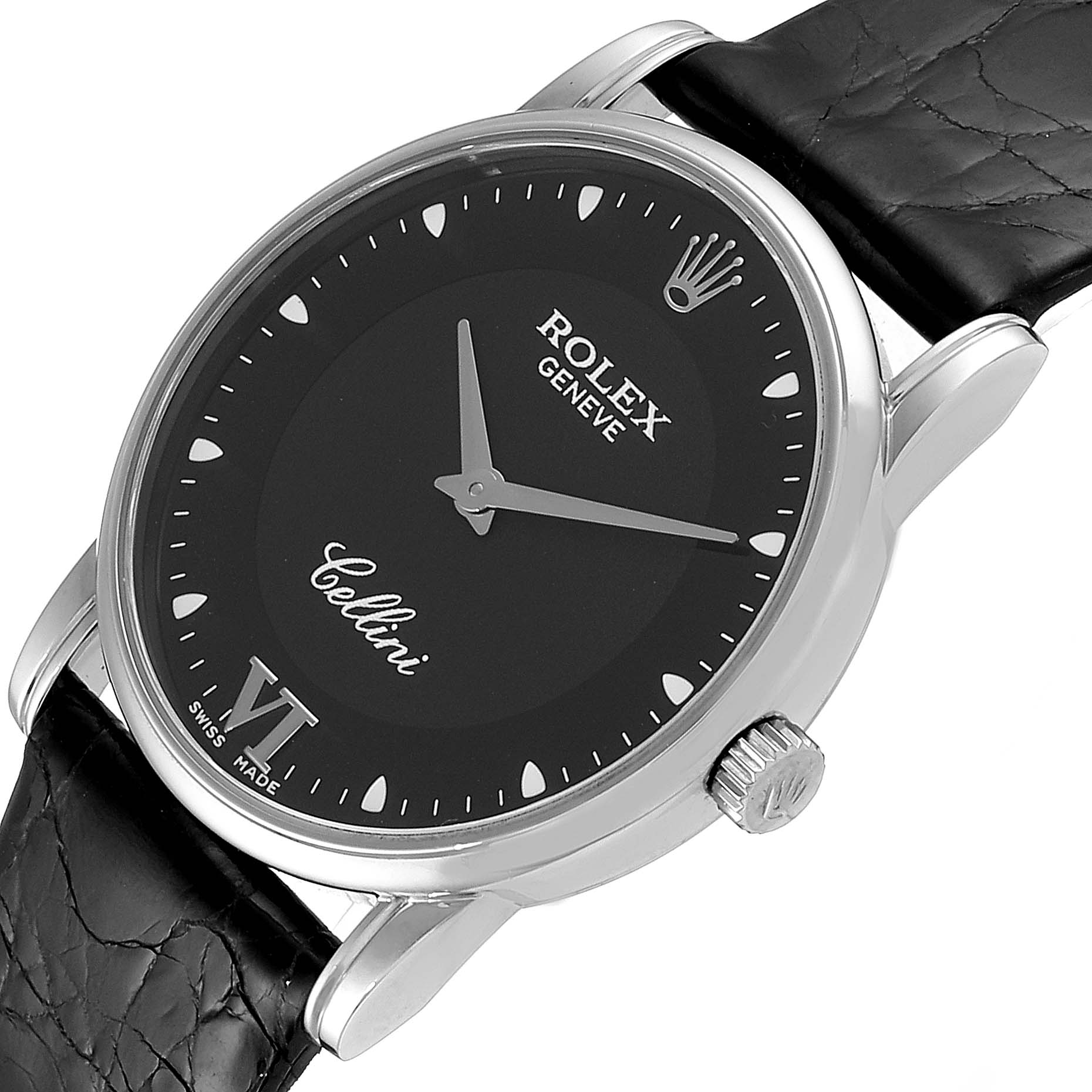 The image shows a close-up angle of a Rolex Cellini 5116 Men's White Gold Black Dial 5116 Men's White Gold Black Dial watch, highlighting its face, crown, and part of the leather strap.