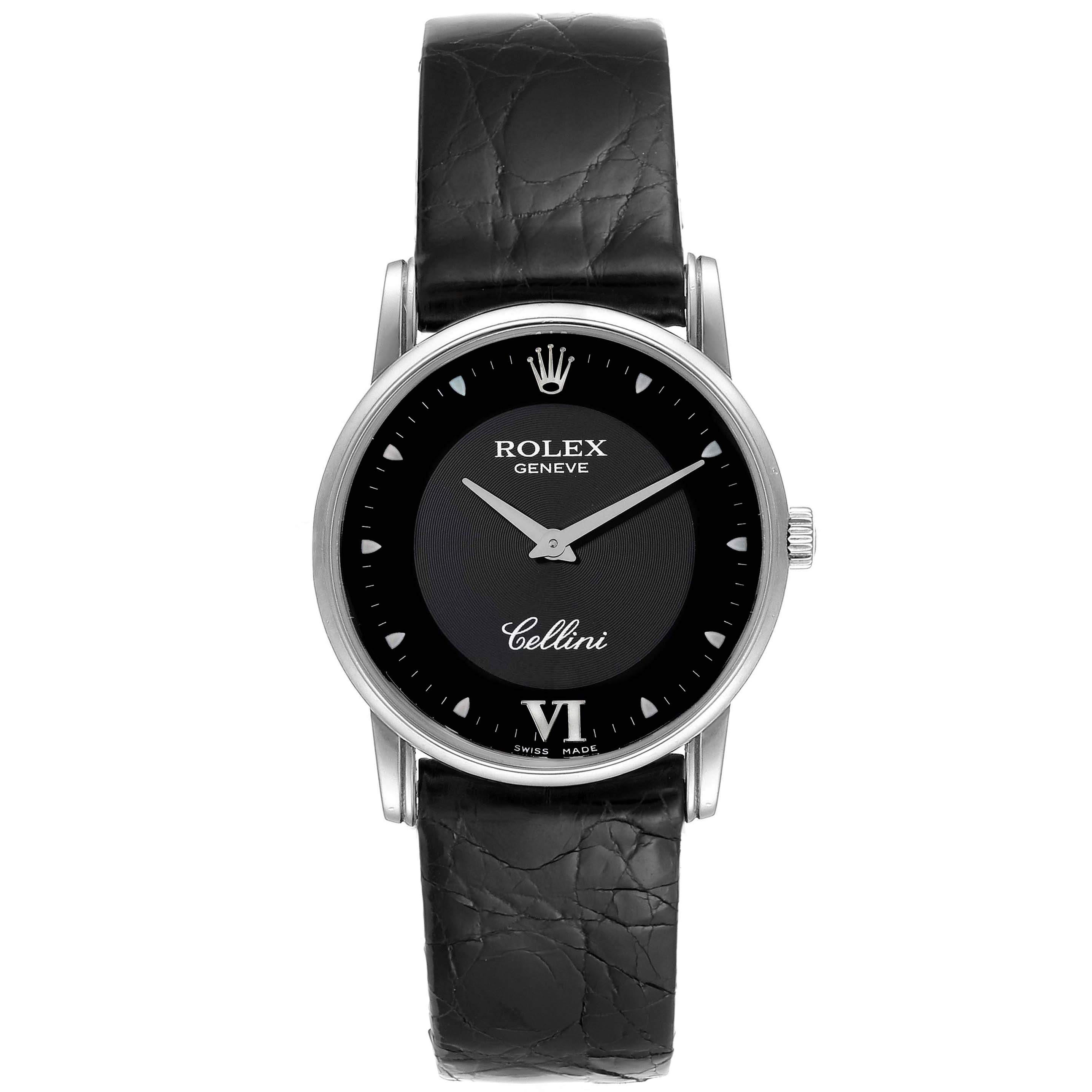 This image shows a front view of the Rolex Cellini 5116 Men's White Gold Black Dial 5116 Men's White Gold Black Dial watch, featuring its black dial, silver hands, and black leather strap.