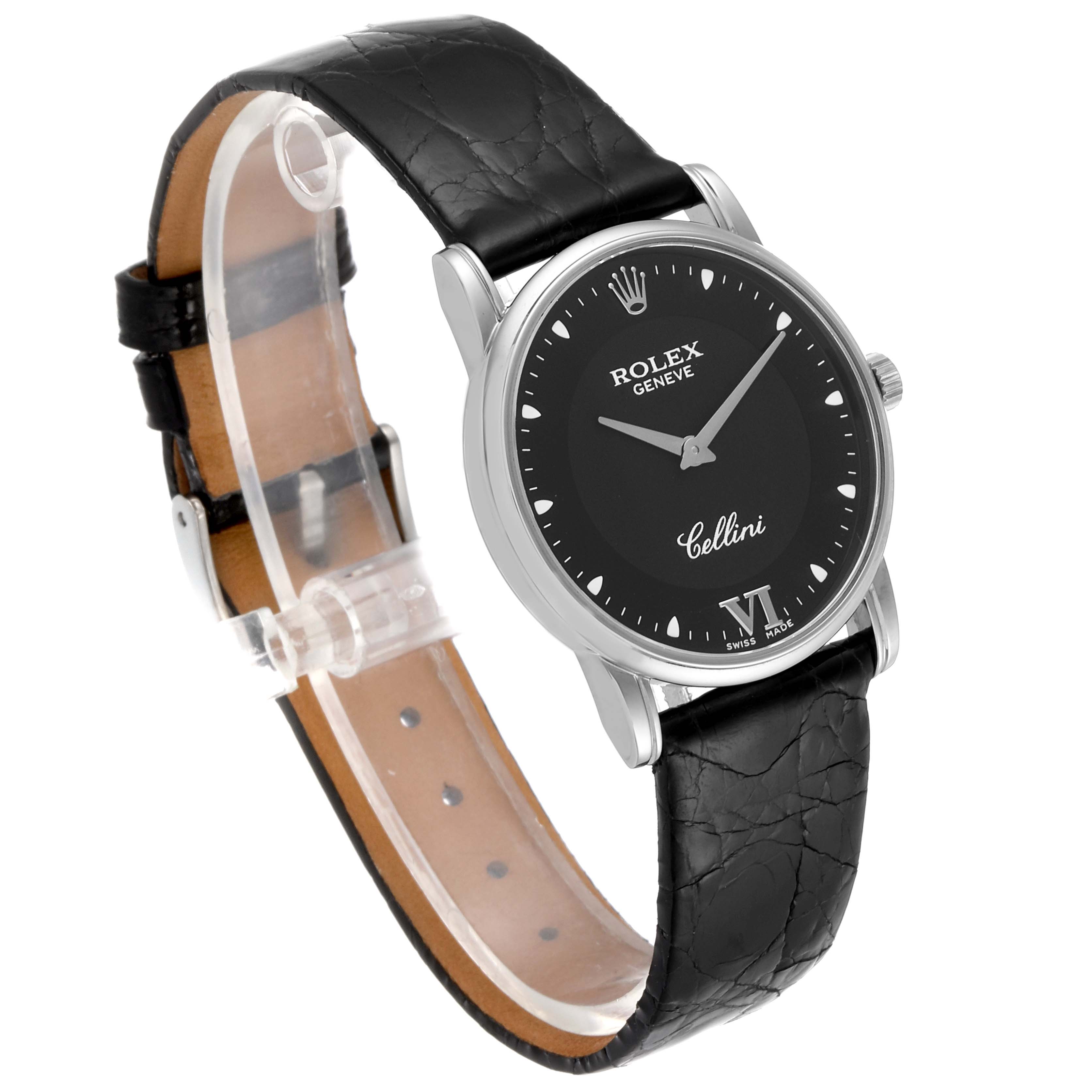 This image shows a side angle of the Rolex Cellini 5116 Men's White Gold Black Dial 5116 Men's White Gold Black Dial watch, highlighting its black leather strap, black dial, and silver case.