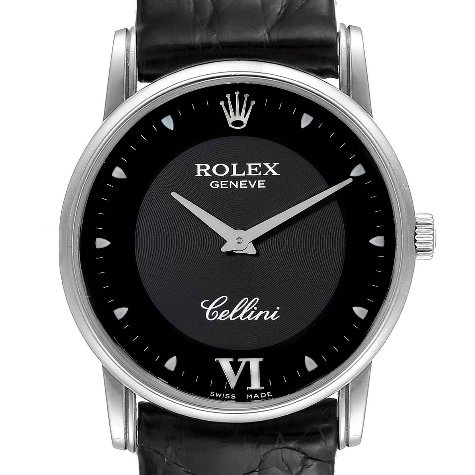 This image shows the front view of a Rolex Cellini 5116 Men's White Gold Black Dial 5116 Men's White Gold Black Dial watch, displaying its black dial, silver hands, crown logo, and black leather strap.