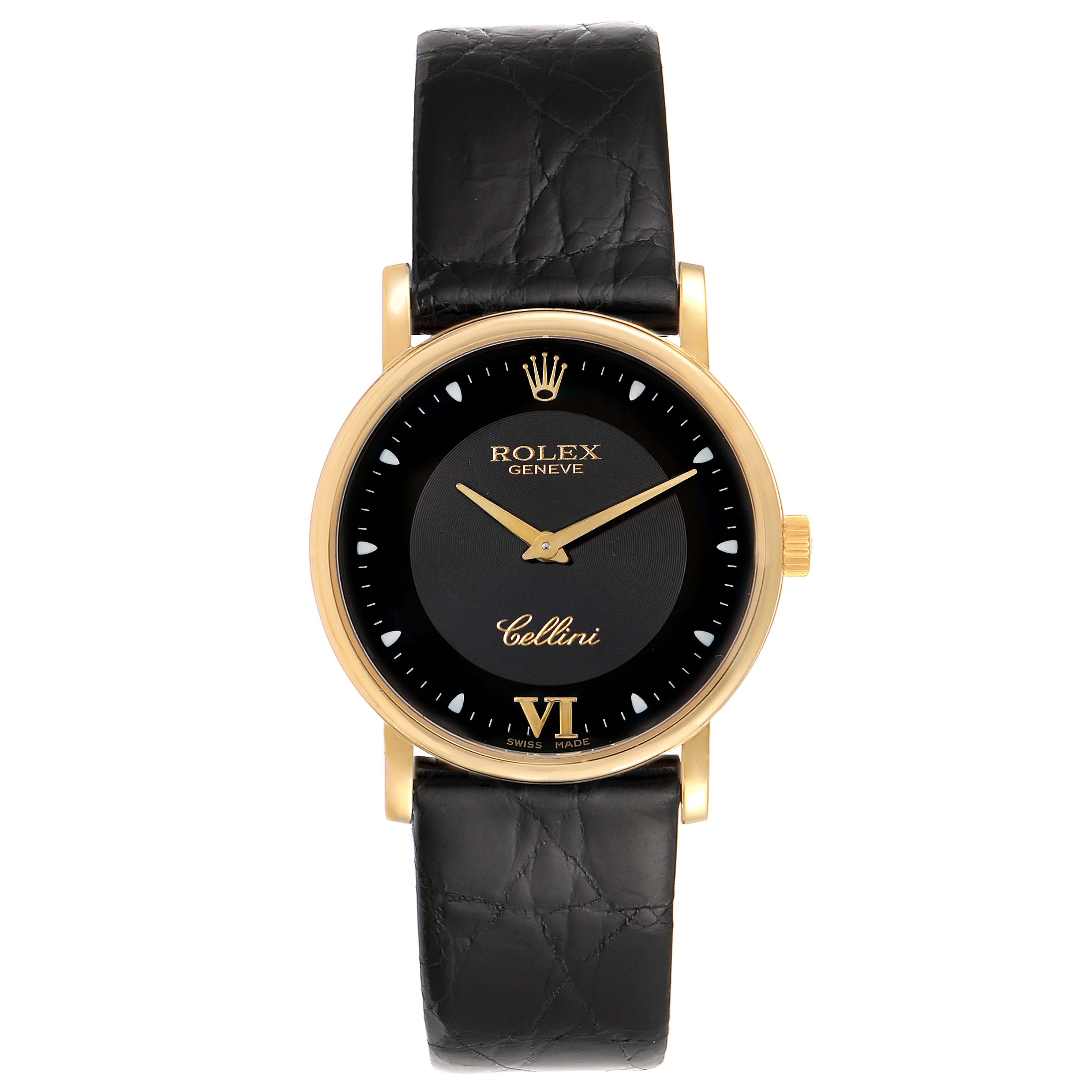 The image shows a frontal view of a Rolex Cellini 5115 Men's Yellow Gold Black Dial 5115 Men's Yellow Gold Black Dial watch, displaying its face, black leather strap, and gold casing.