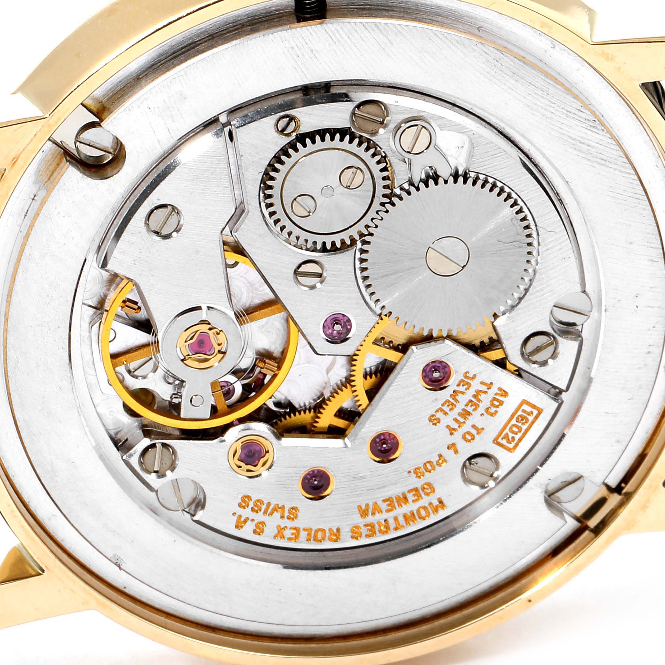 The image shows the Rolex Cellini 5115 Men's Yellow Gold Black Dial 5115 Men's Yellow Gold Black Dial model's movement mechanism from a rear angle.