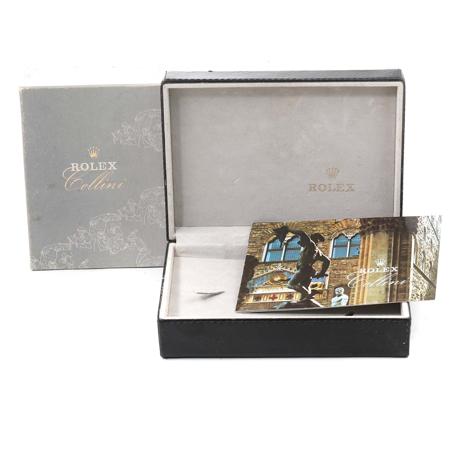 The image shows the box and booklet for a Rolex Cellini 5115 Men's Yellow Gold Black Dial 5115 Men's Yellow Gold Black Dial watch.