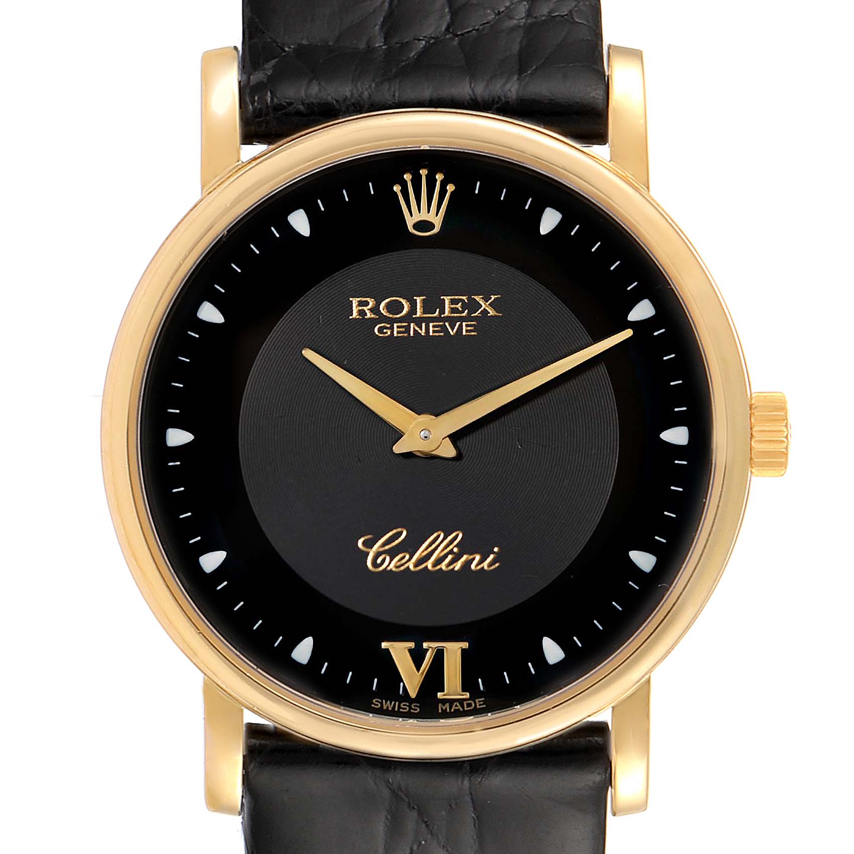 The image shows a front view of the Rolex Cellini 5115 Men's Yellow Gold Black Dial 5115 Men's Yellow Gold Black Dial watch, displaying its dial, crown, lugs, and strap attachment.
