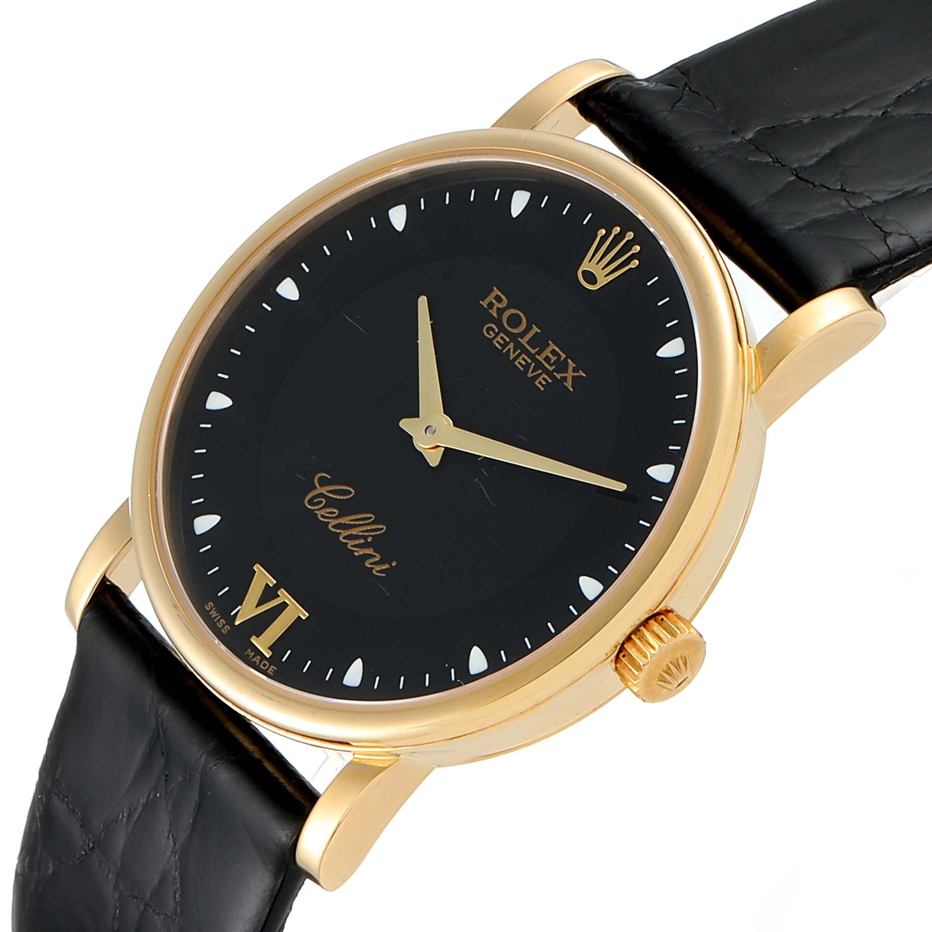 The image shows a Rolex Cellini 5115 Men's Yellow Gold Black Dial 5115 Men's Yellow Gold Black Dial watch at an angle, highlighting its black leather strap, gold case, black dial, and crown.