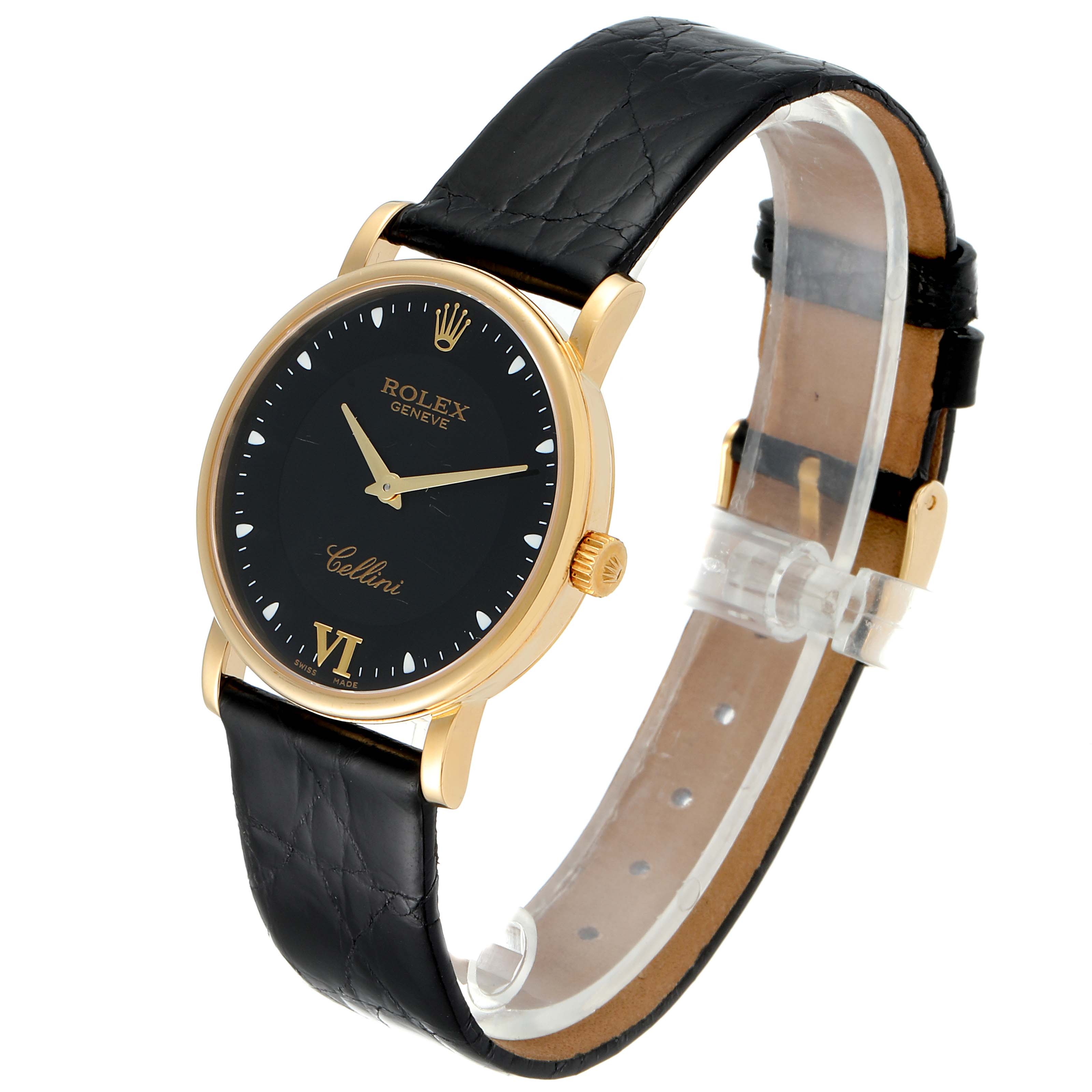 This Rolex Cellini 5115 Men's Yellow Gold Black Dial 5115 Men's Yellow Gold Black Dial watch is shown at a three-quarter angle, featuring the face, case, crown, and leather strap.