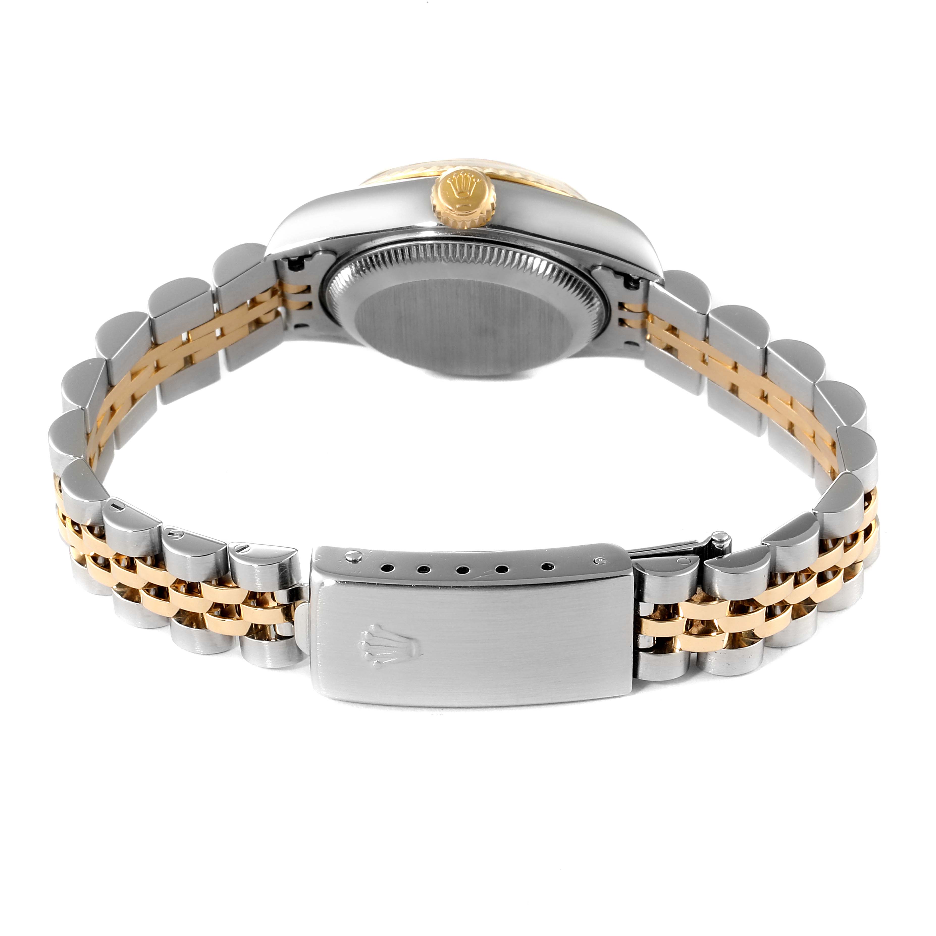 This image shows the back side of a Rolex Datejust 79173 Women
s Steel and Gold (two tone) Grey Dial 79173 Women
s Steel and Gold (two tone) Grey Dial watch, focusing on the bracelet, clasp, and watch case.