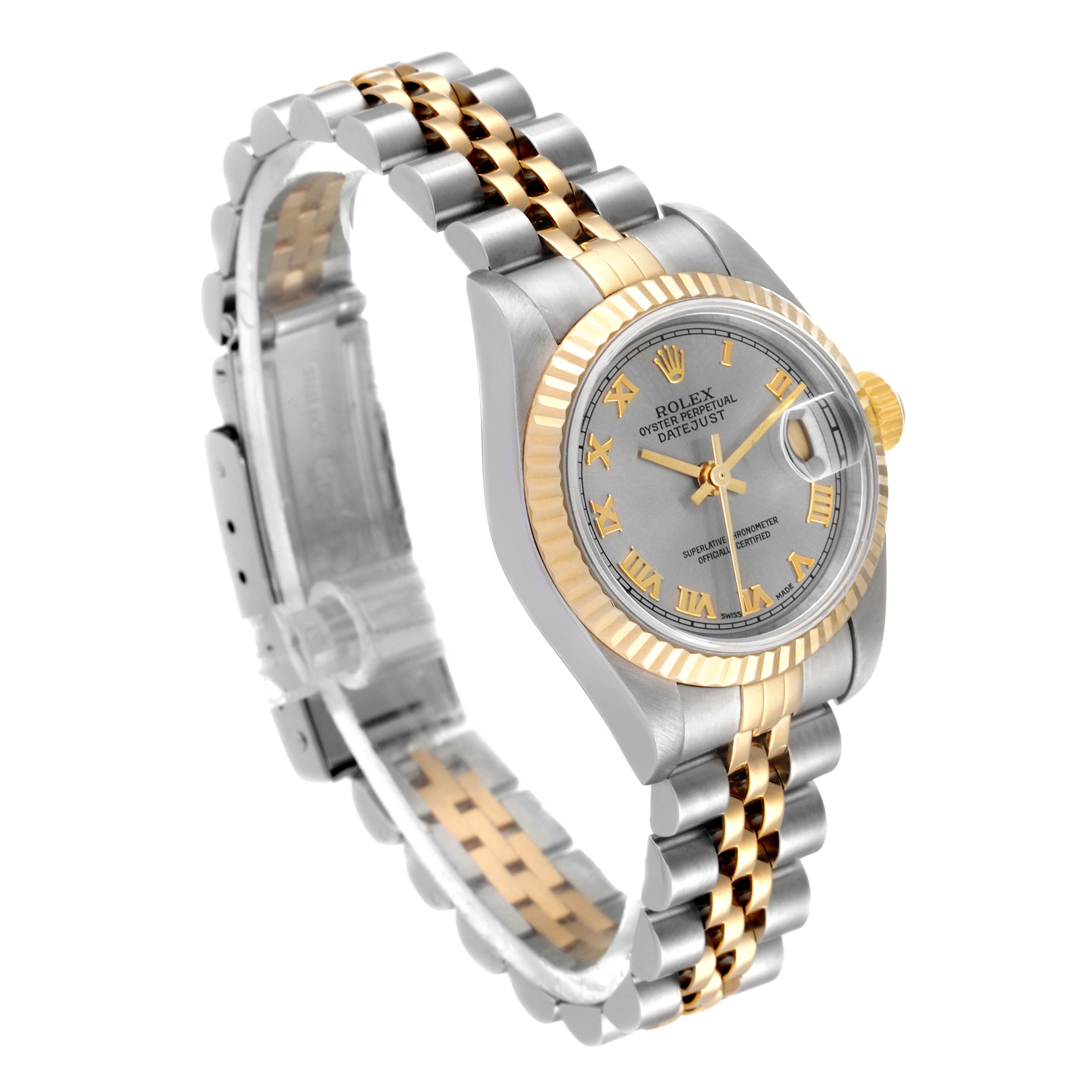 The image shows a Datejust model by Rolex at a three-quarter angle, highlighting the watch face, bezel, and bracelet.