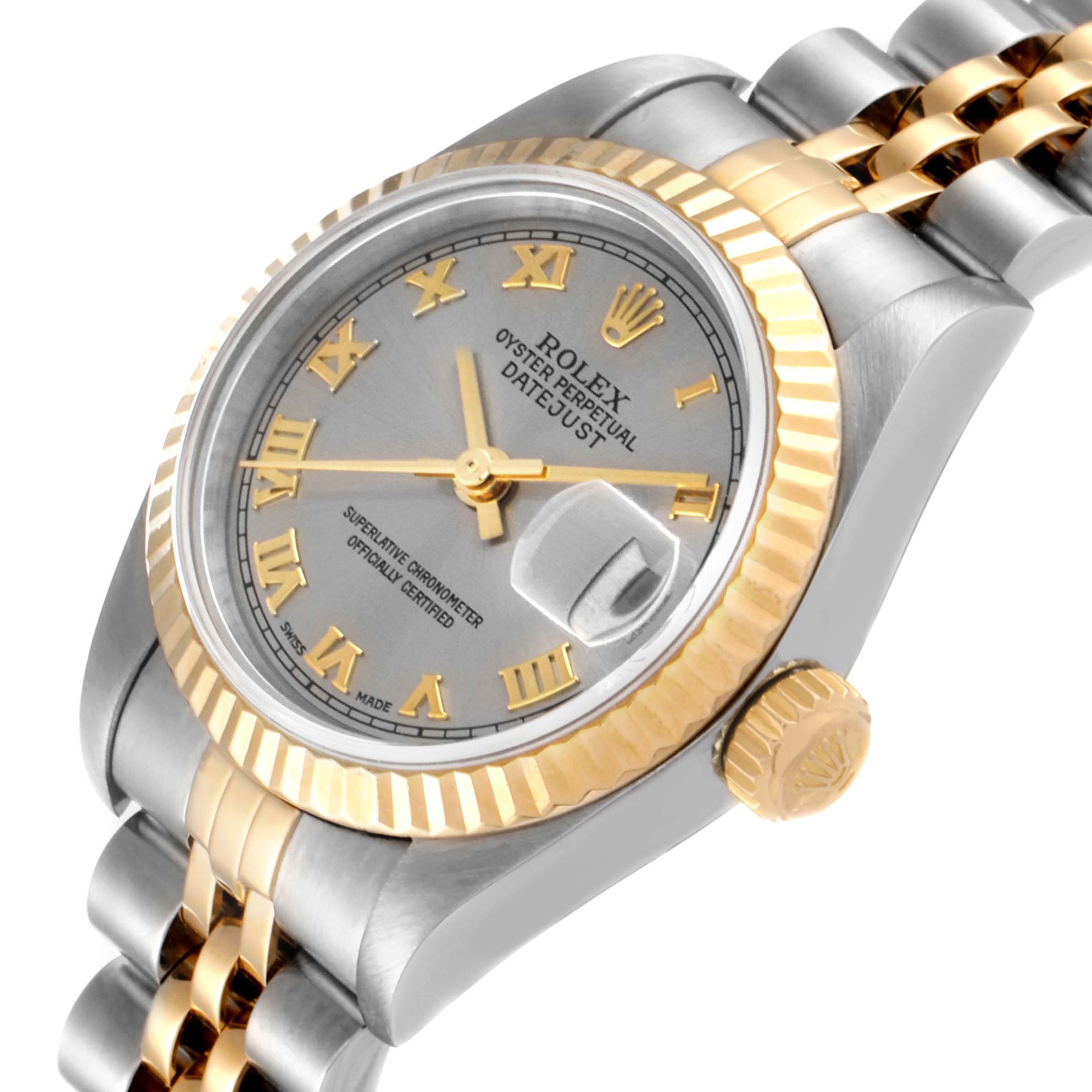 This image displays a Rolex Datejust 79173 Women
s Steel and Gold (two tone) Grey Dial 79173 Women
s Steel and Gold (two tone) Grey Dial watch at a slight angle, showing the dial, bezel, crown, and part of the bracelet.