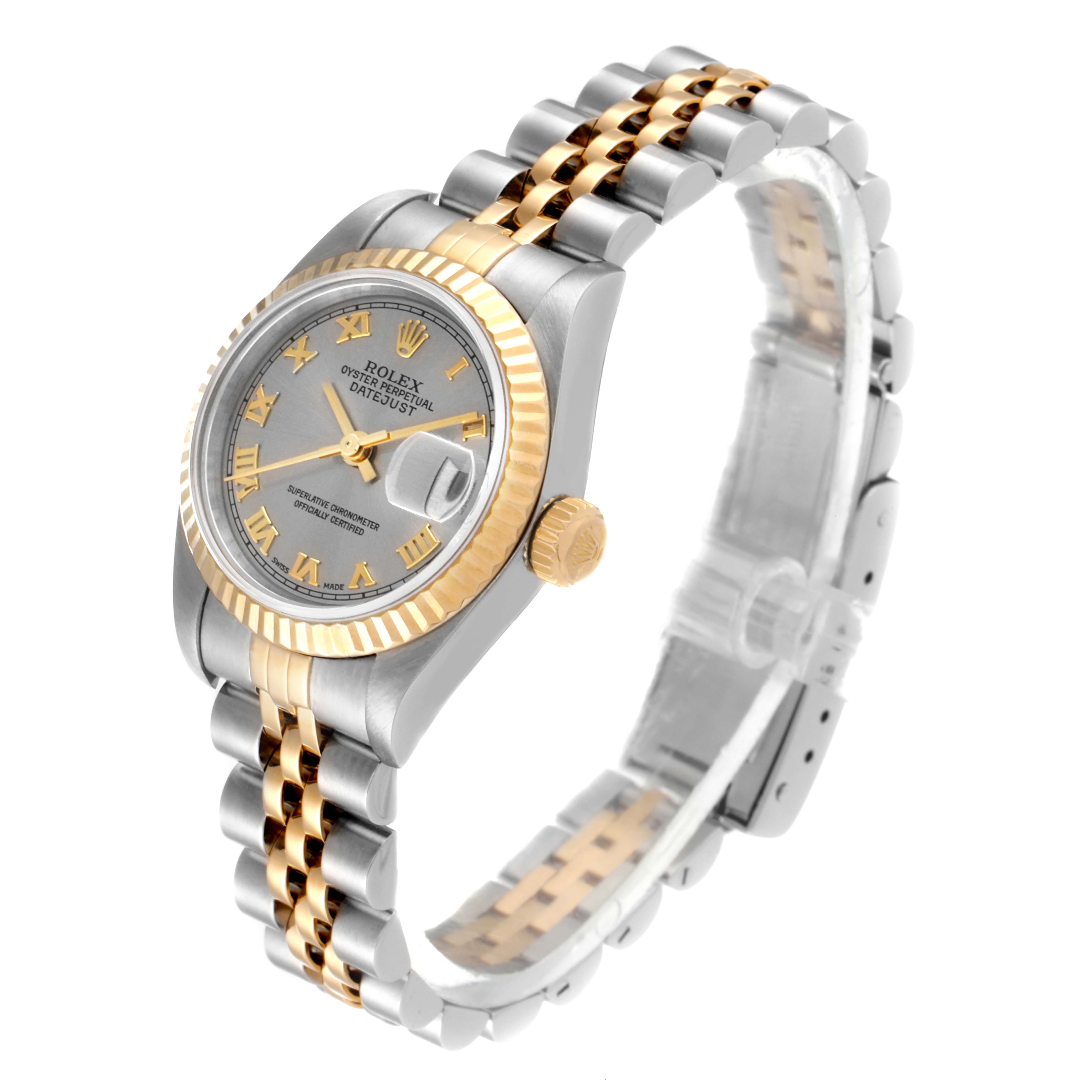 The image shows a side and front view of a Rolex Datejust 79173 Women
s Steel and Gold (two tone) Grey Dial 79173 Women
s Steel and Gold (two tone) Grey Dial watch with a bicolor bracelet and fluted bezel.