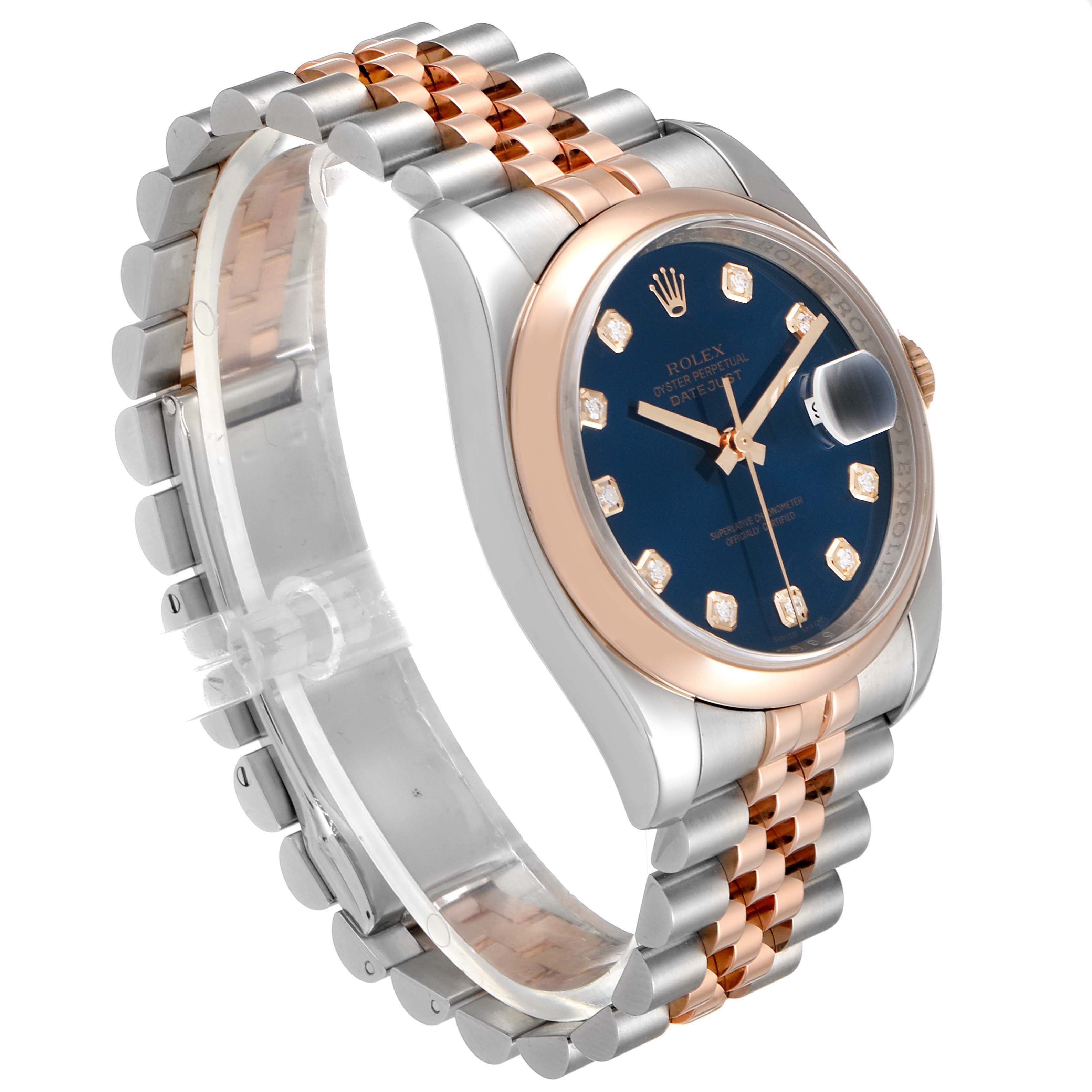 The image shows a Rolex Datejust 116201 Men's Steel and Gold (two tone) Blue Dial 116201 Men's Steel and Gold (two tone) Blue Dial watch from an angled side view, highlighting its bracelet, case, and dial with date magnifier.