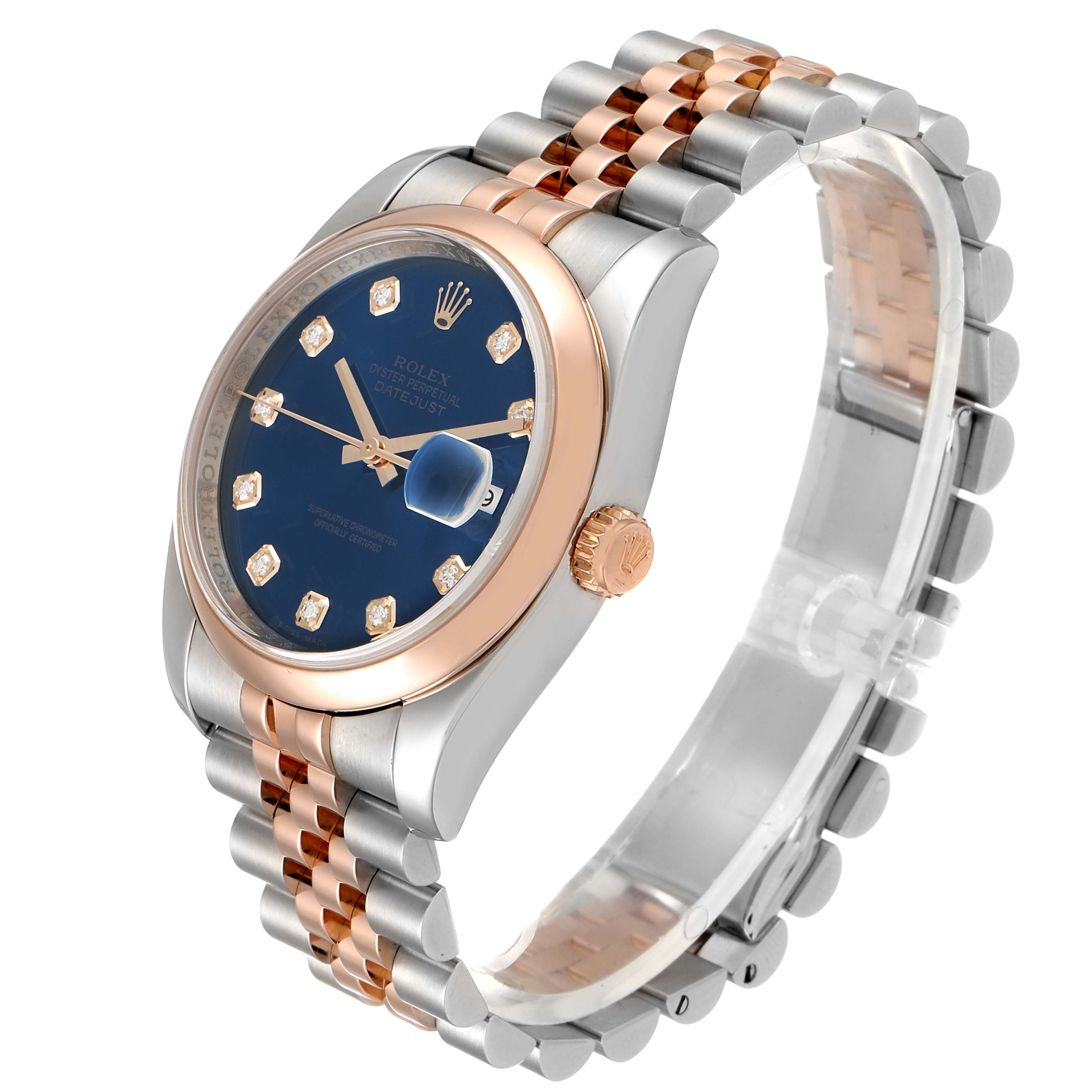 This image shows a Rolex Datejust 116201 Men's Steel and Gold (two tone) Blue Dial 116201 Men's Steel and Gold (two tone) Blue Dial model watch at a three-quarter angle, showcasing the face, bezel, crown, and part of the bracelet.