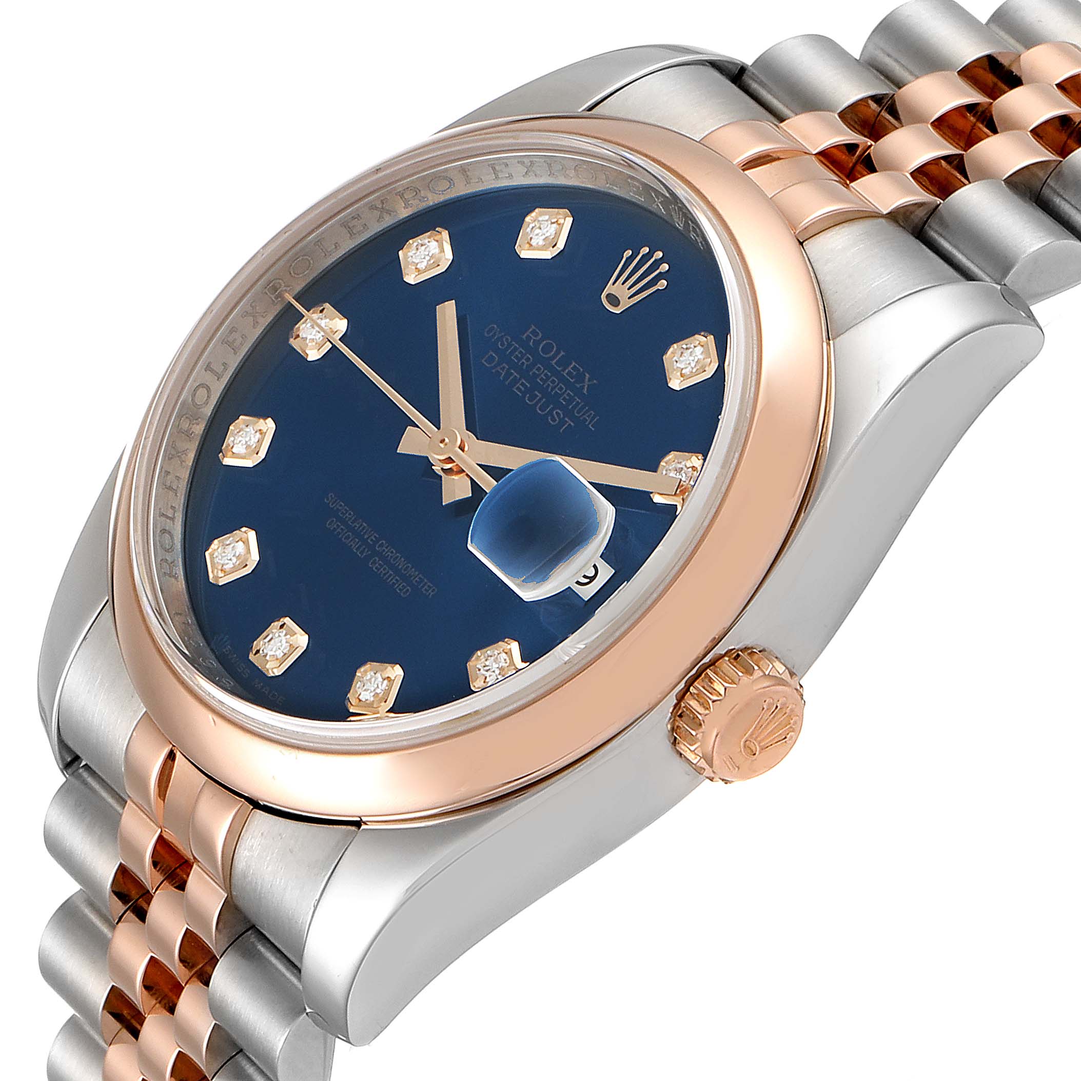 The image shows a side angle of a Rolex Datejust 116201 Men's Steel and Gold (two tone) Blue Dial 116201 Men's Steel and Gold (two tone) Blue Dial watch, highlighting its crown, bezel, bracelet, and blue dial with diamond hour markers.