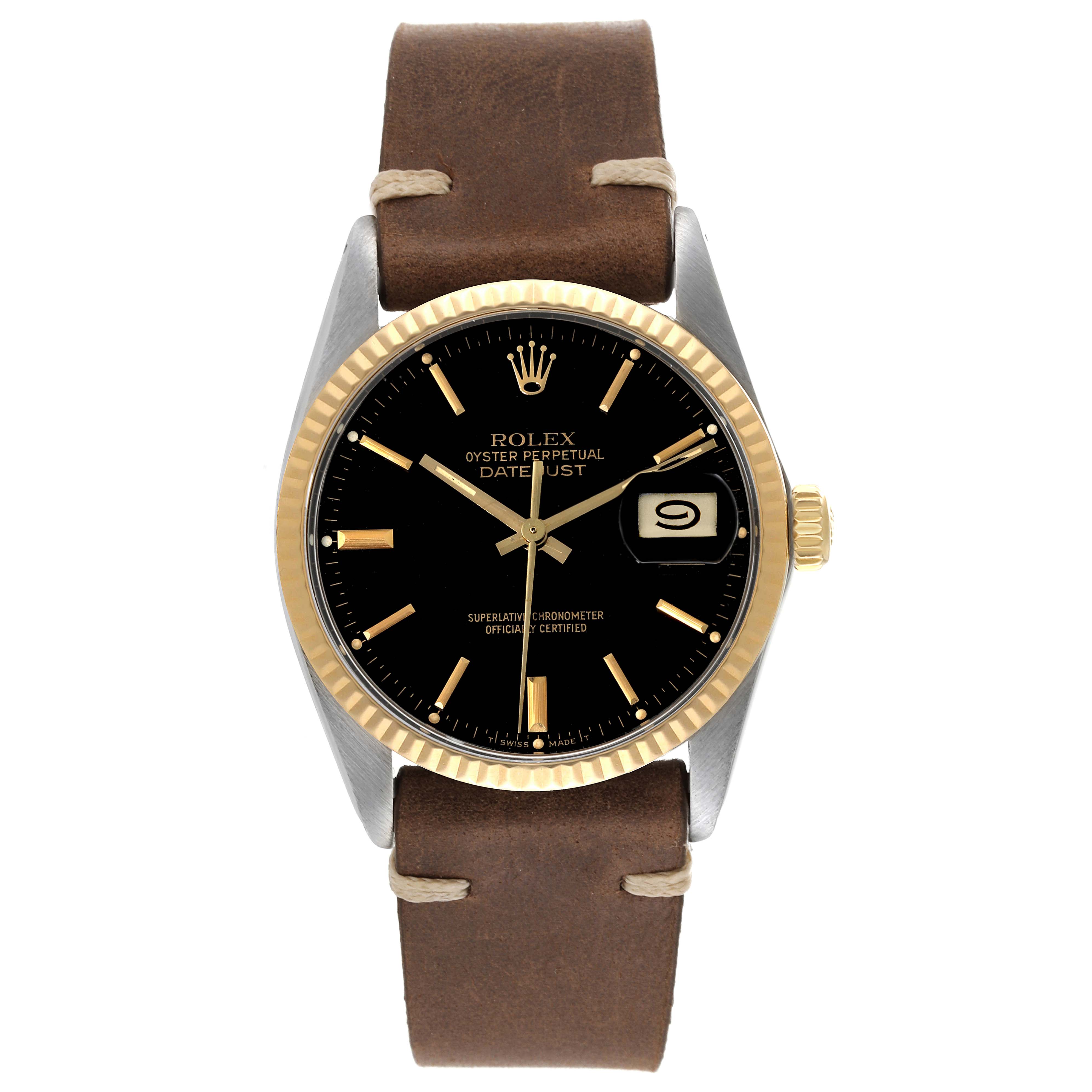 This image shows the front view of a Rolex Vintage Collection 16013 Men's Steel and Gold (two tone) Black Dial 16013 Men's Steel and Gold (two tone) Black Dial model watch with a brown leather strap.