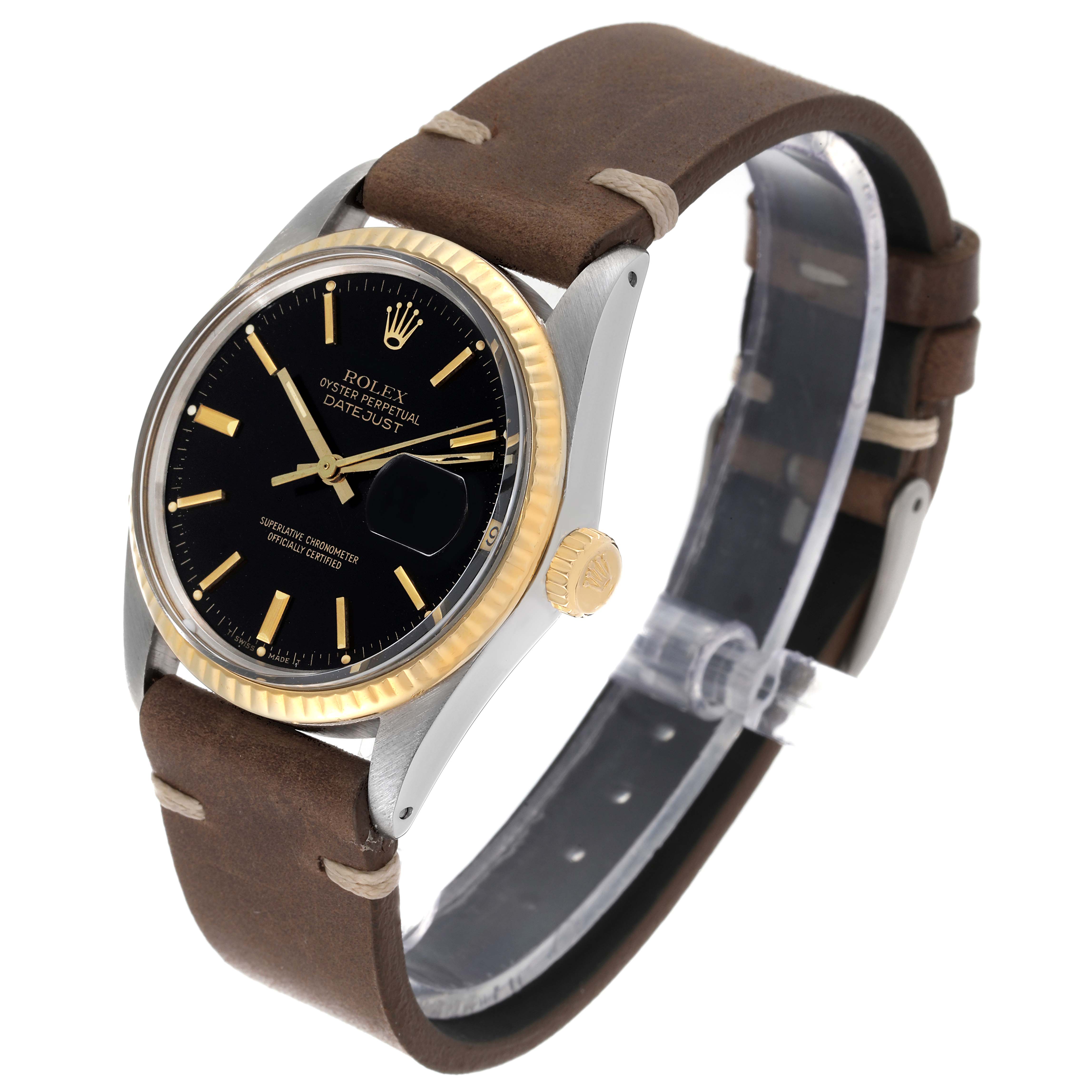 The Vintage Collection Rolex watch is shown at an angle, highlighting the face, bezel, crown, and leather strap.