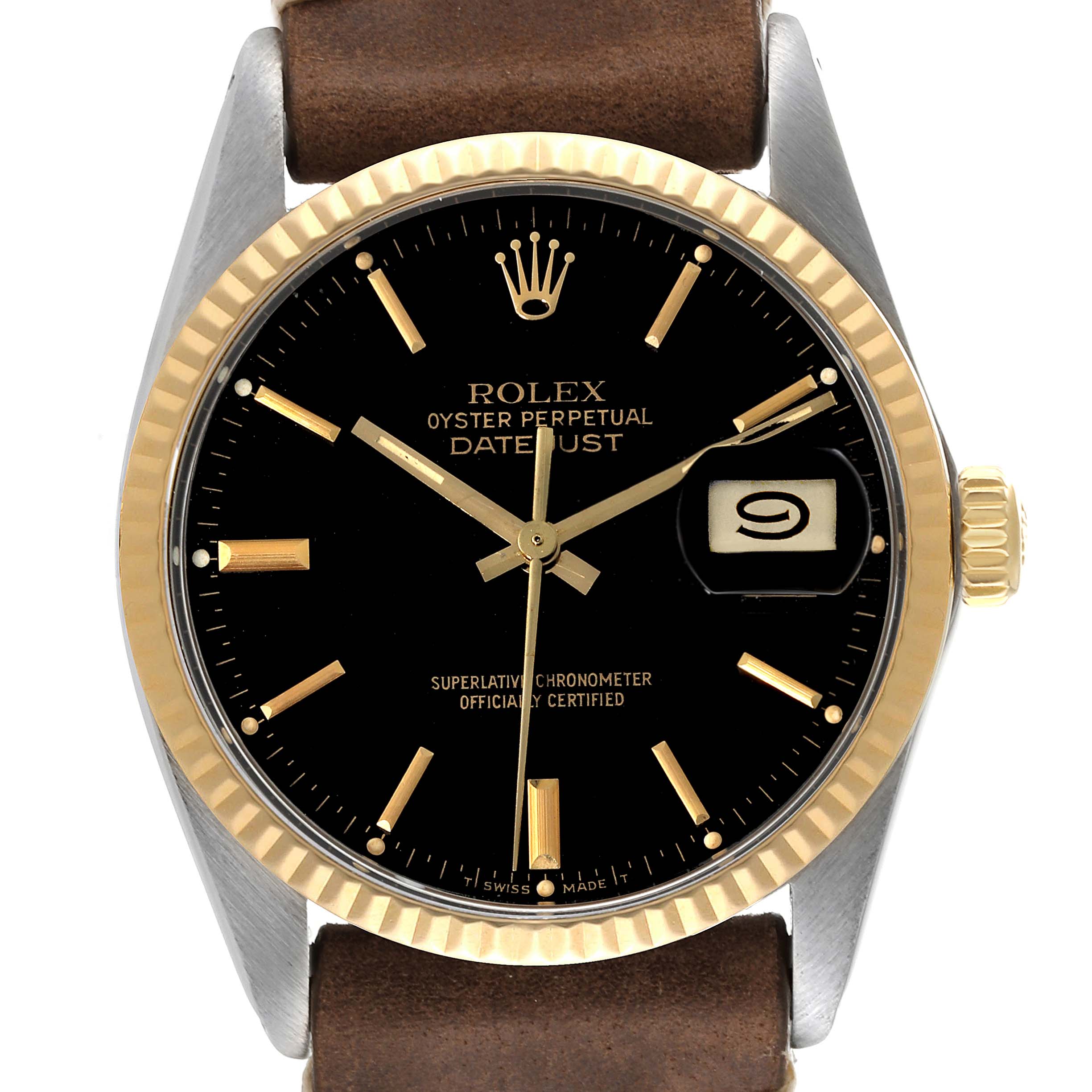 The image shows a front view of a Rolex Vintage Collection 16013 Men's Steel and Gold (two tone) Black Dial 16013 Men's Steel and Gold (two tone) Black Dial Oyster Perpetual Datejust watch, highlighting its black dial, gold hour markers, and brown strap.