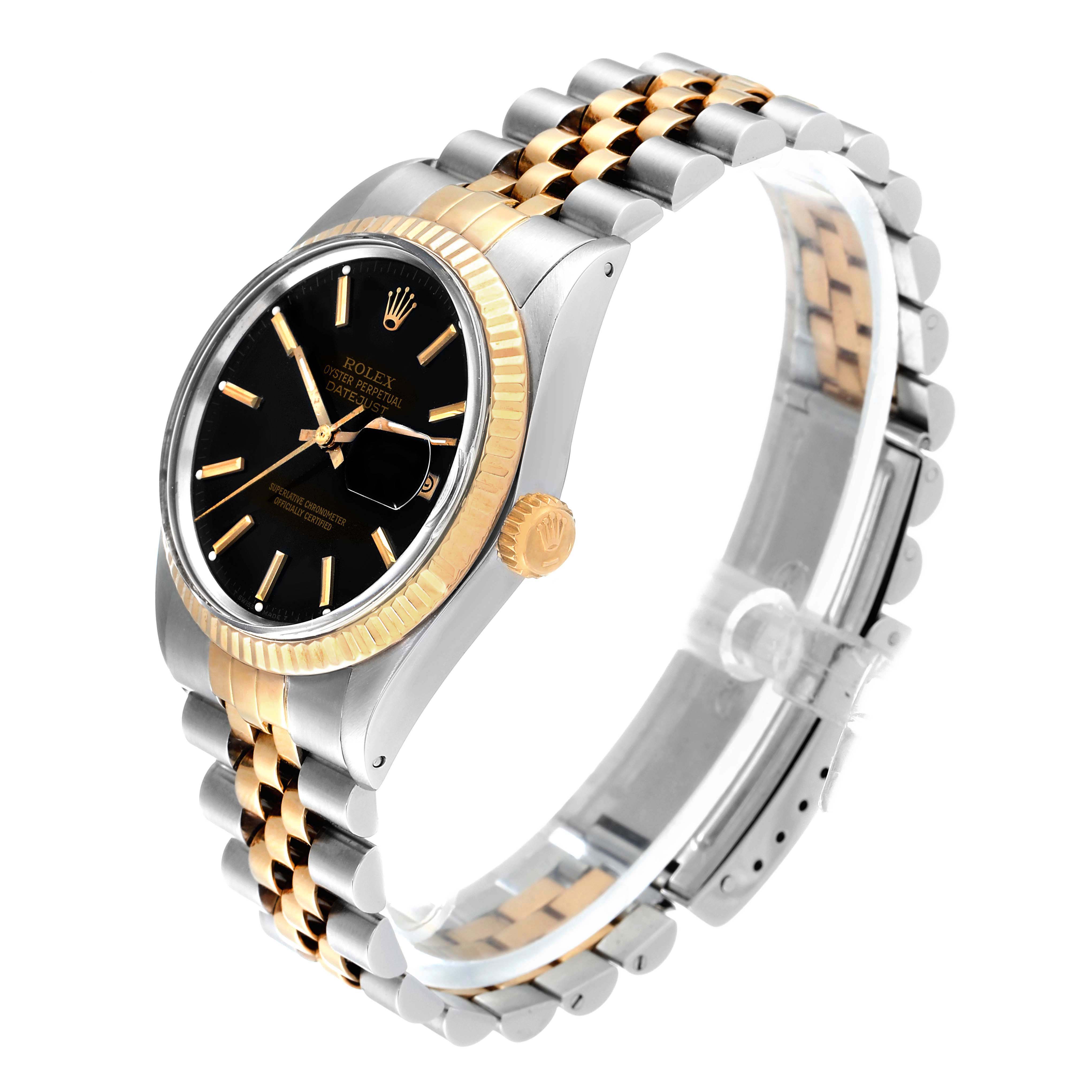 This image shows a side perspective of the Rolex Vintage Collection 16013 Men's Steel and Gold (two tone) Black Dial 16013 Men's Steel and Gold (two tone) Black Dial watch featuring a black dial and a two-tone stainless steel and gold bracelet.
