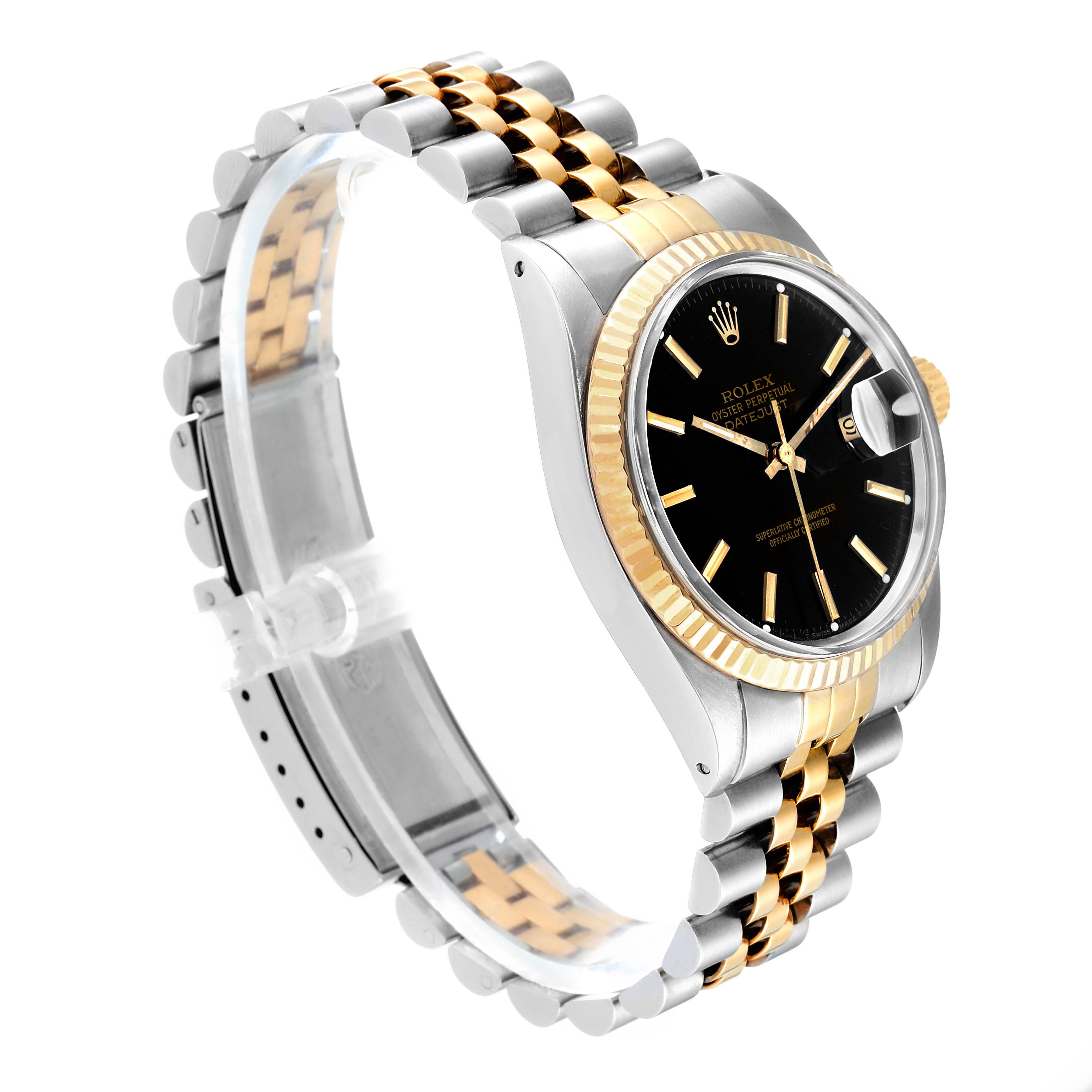 The Rolex Vintage Collection 16013 Men's Steel and Gold (two tone) Black Dial 16013 Men's Steel and Gold (two tone) Black Dial model is shown at a left-side angle, displaying the face, bezel, crown, and bracelet.