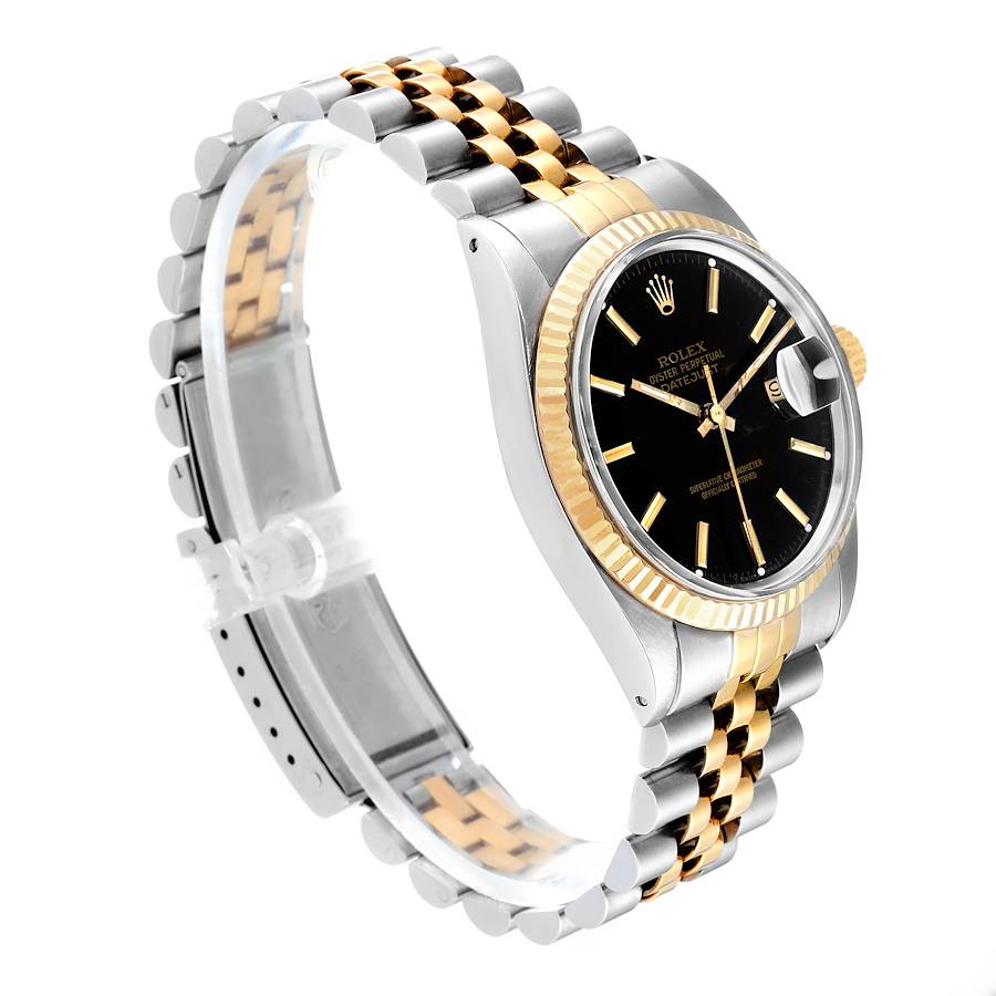 Rolex Datejust Steel Yellow Gold Black Strap Vintage Mens Watch
