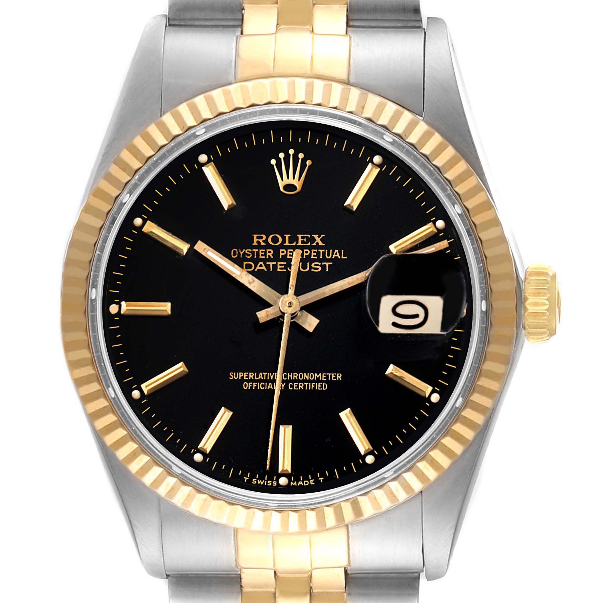 This is a front view of the Rolex Oyster Perpetual Datejust watch from the Vintage Collection, showcasing the black dial and two-tone band.