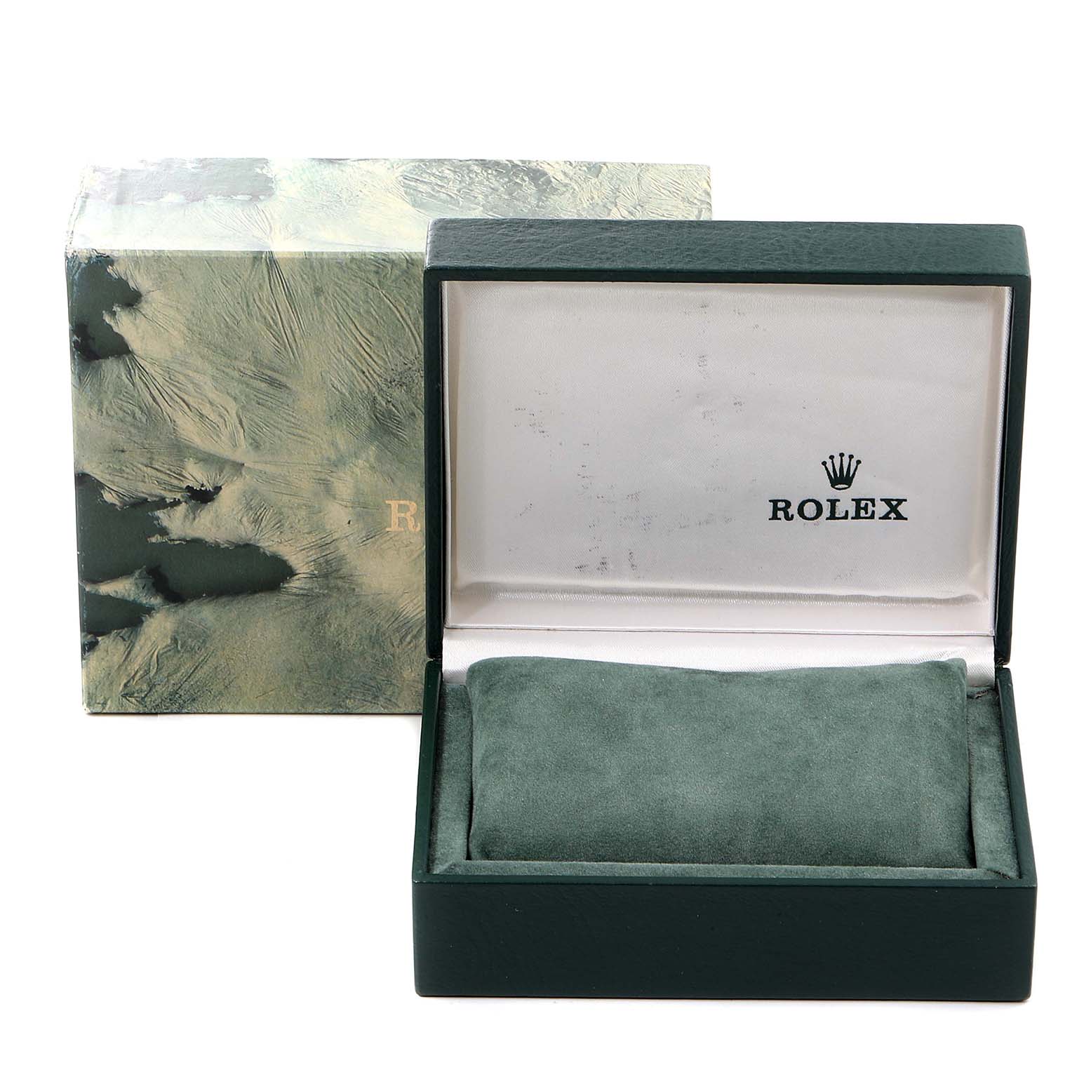 The image shows an open box for the Rolex Vintage Collection 16013 Men's Steel and Gold (two tone) Black Dial 16013 Men's Steel and Gold (two tone) Black Dial model, displaying the interior and an outer box.