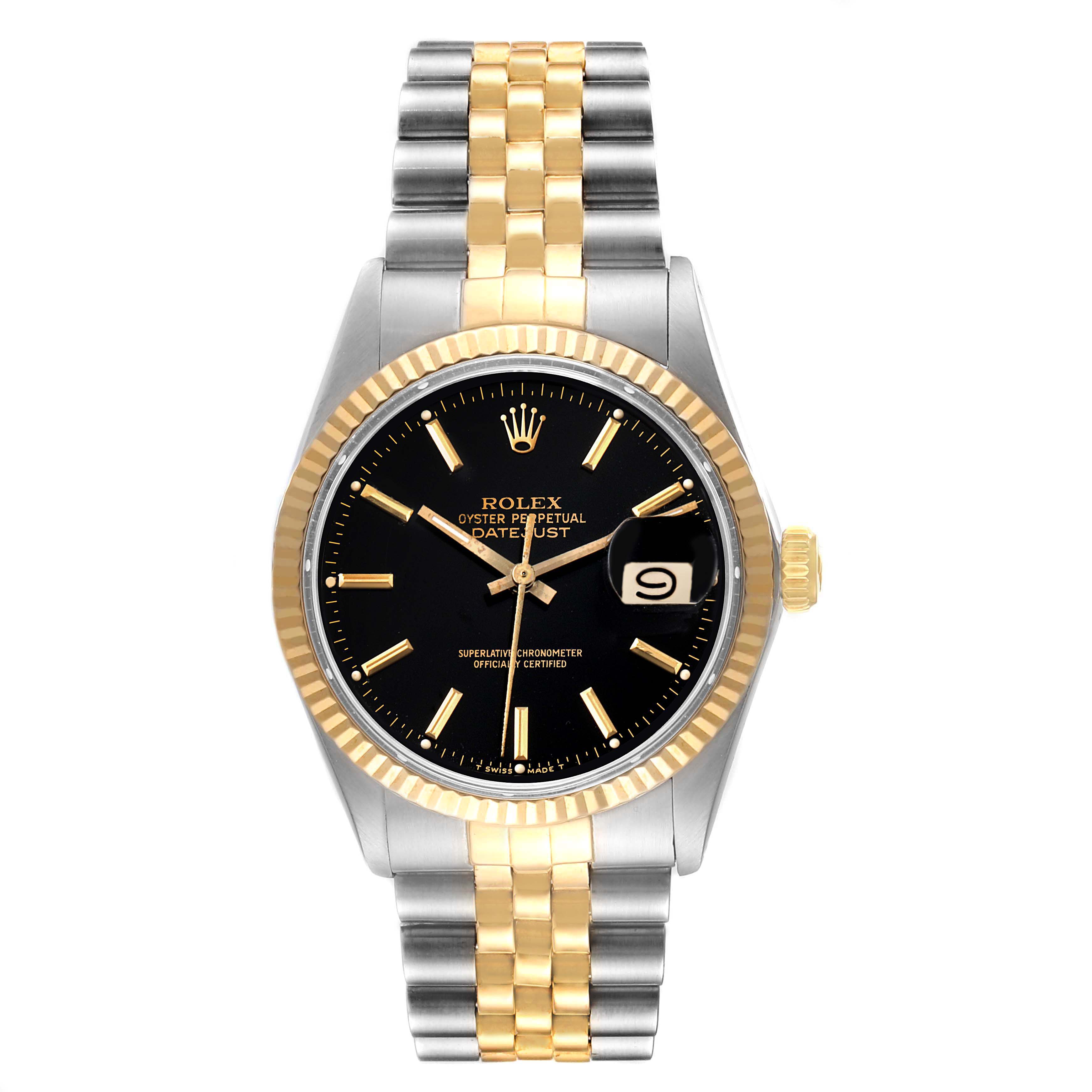 The image shows a front view of the Rolex Vintage Collection 16013 Men's Steel and Gold (two tone) Black Dial 16013 Men's Steel and Gold (two tone) Black Dial Oyster Perpetual Datejust watch, displaying the dial and two-tone bracelet.