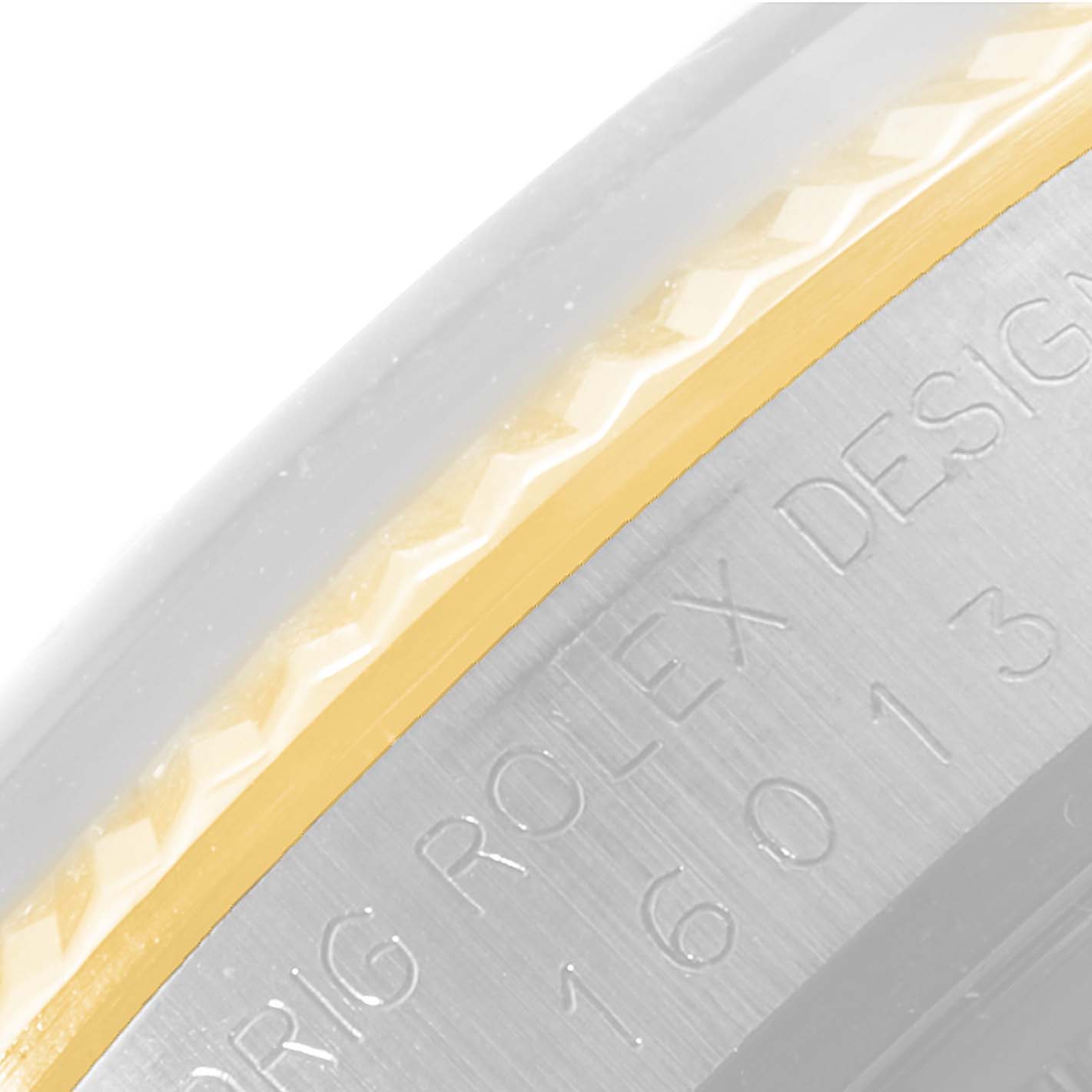 The image shows an angled, close-up view of the engraving on the case back of a Rolex Vintage Collection 16013 Men's Steel and Gold (two tone) Black Dial 16013 Men's Steel and Gold (two tone) Black Dial watch.