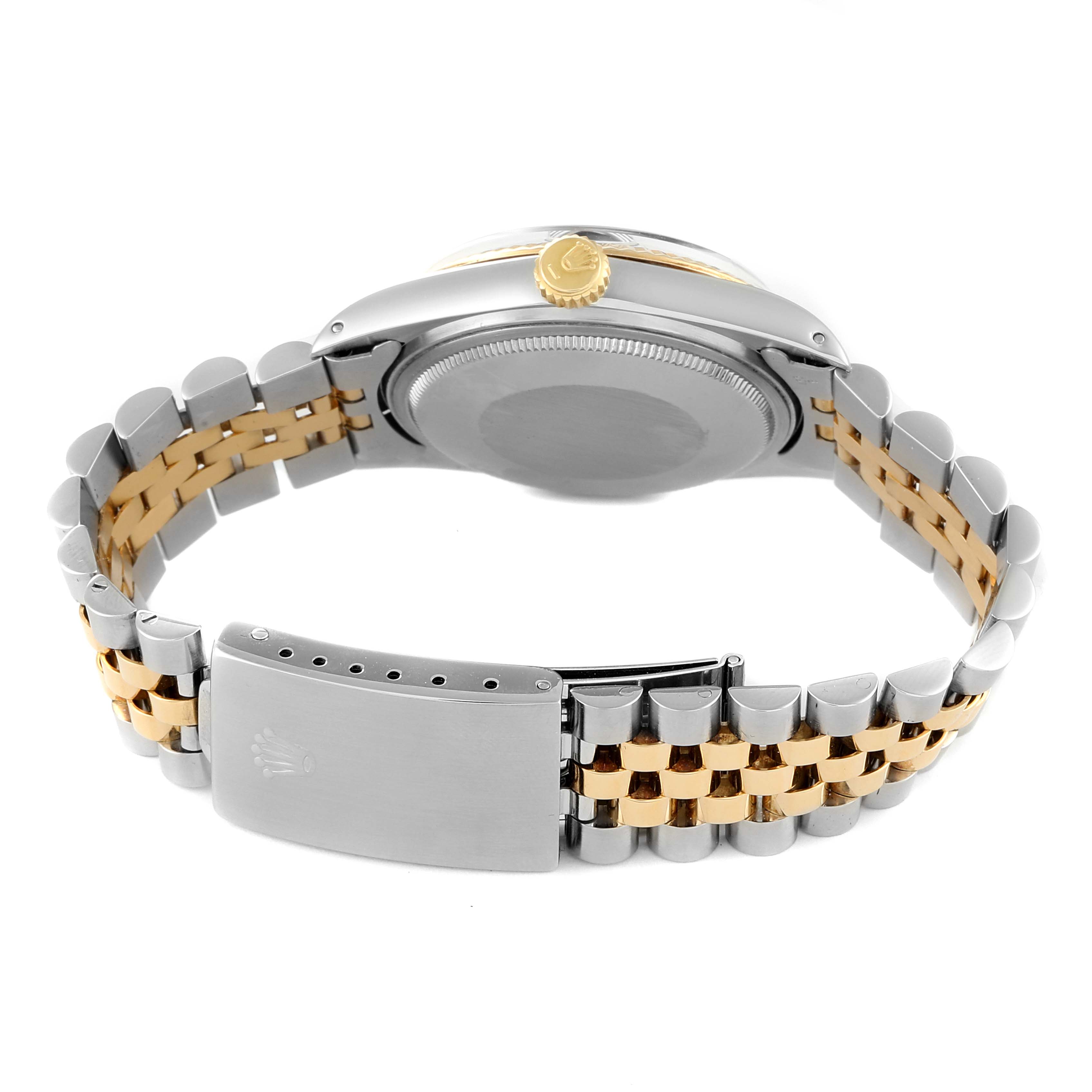 This image shows the back view of a Rolex Vintage Collection 16013 Men's Steel and Gold (two tone) Black Dial 16013 Men's Steel and Gold (two tone) Black Dial watch, highlighting the clasp, bracelet, and case back.