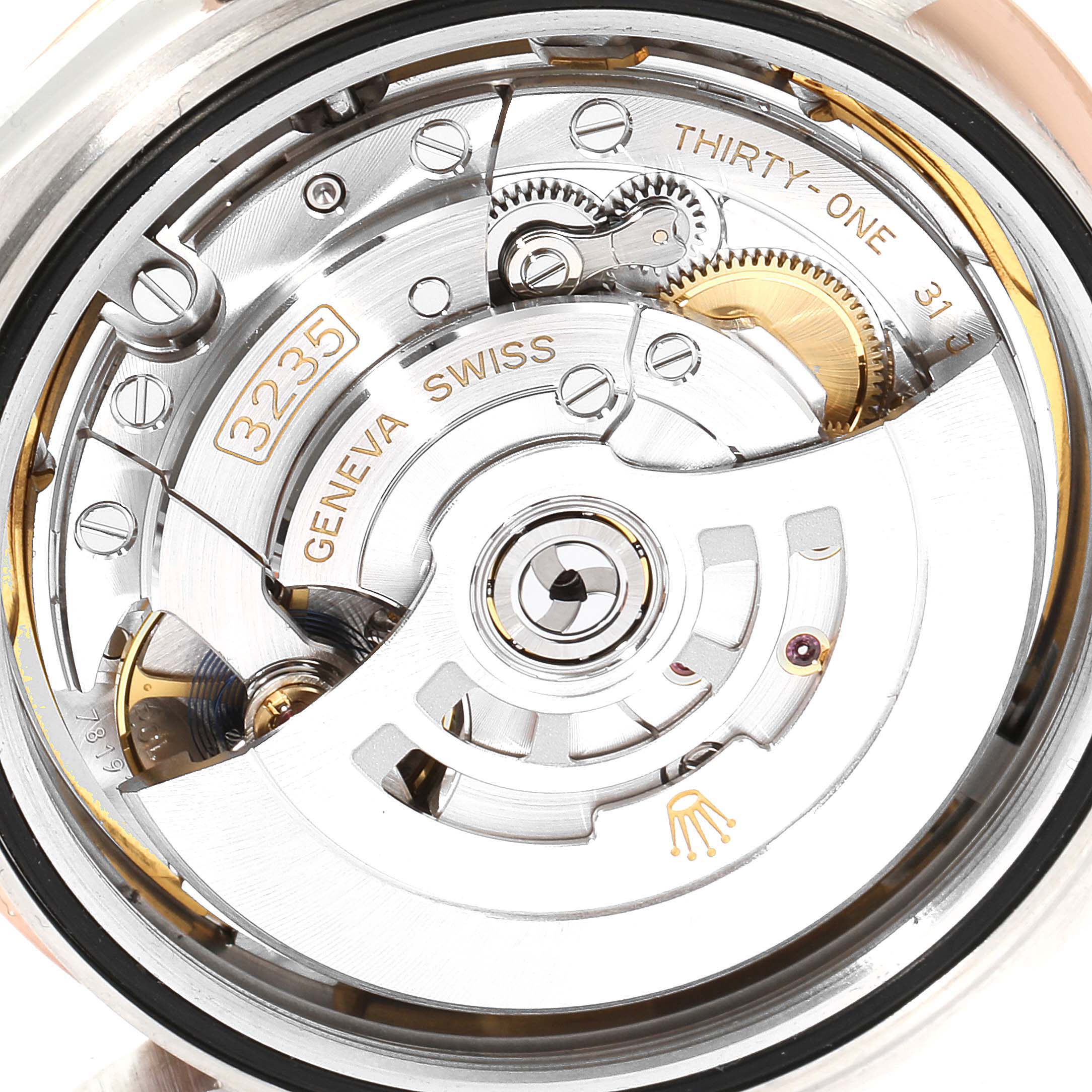 This image shows the internal movement mechanism of the Rolex Datejust 41 126331 Men
s Rose Gold Brown Dial 126331 Men
s Rose Gold Brown Dial watch from a rear angle.