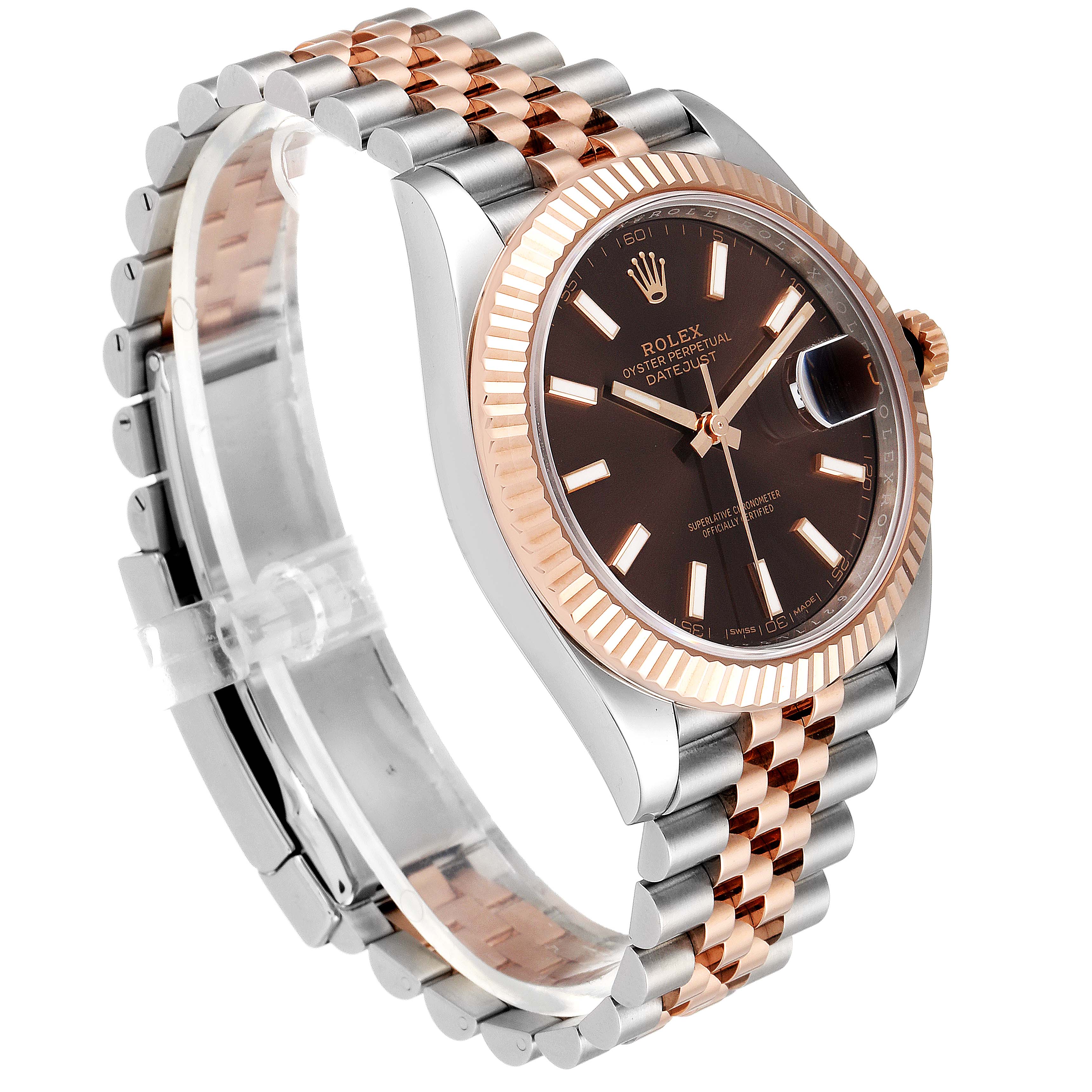 This image shows a side angle view of a Rolex Datejust 41 126331 Men
s Rose Gold Brown Dial 126331 Men
s Rose Gold Brown Dial, showcasing its dial, fluted bezel, and two-tone jubilee bracelet.