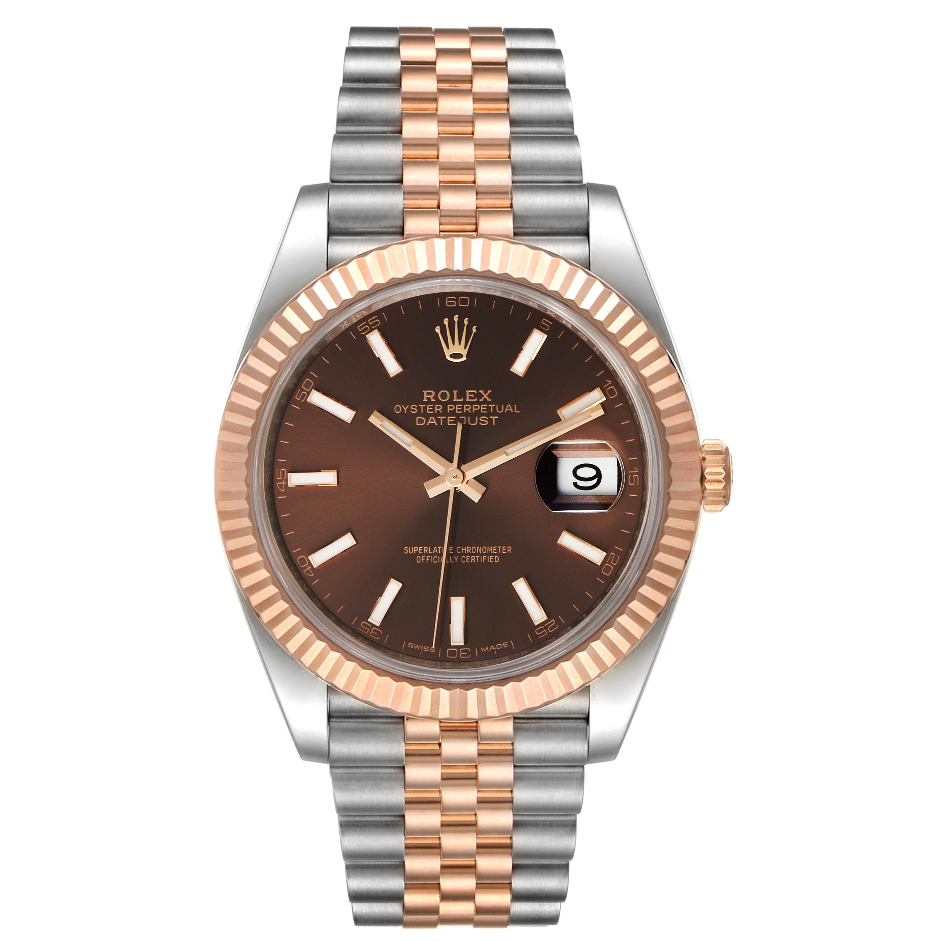 This image shows a front view of the Rolex Datejust 41 126331 Men
s Rose Gold Brown Dial 126331 Men
s Rose Gold Brown Dial watch featuring a two-tone bracelet and a brown dial with a date window at 3 o
clock.