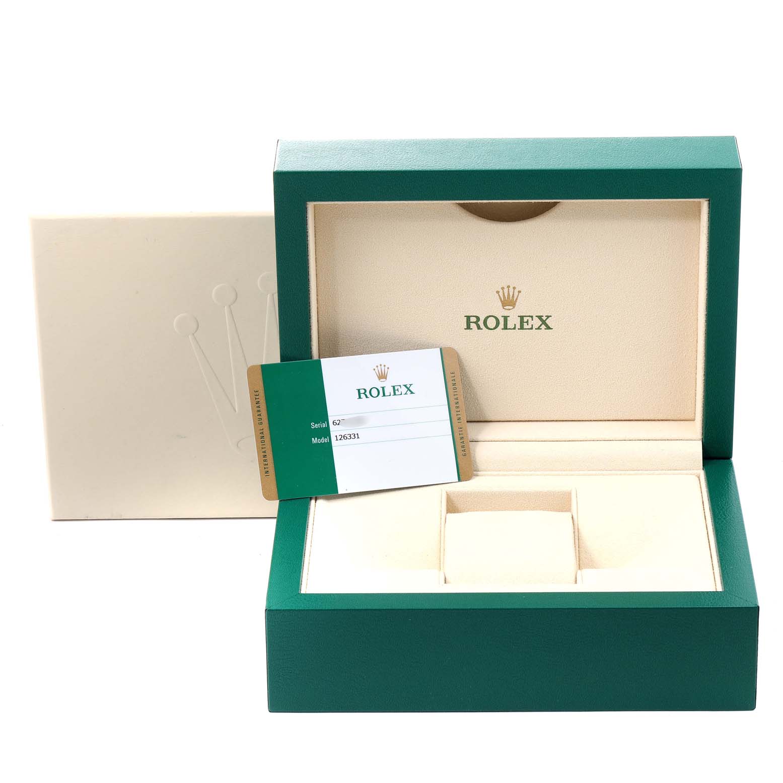 This image shows the packaging and warranty card for a Rolex Datejust 41 126331 Men
s Rose Gold Brown Dial 126331 Men
s Rose Gold Brown Dial watch, viewed from the front.