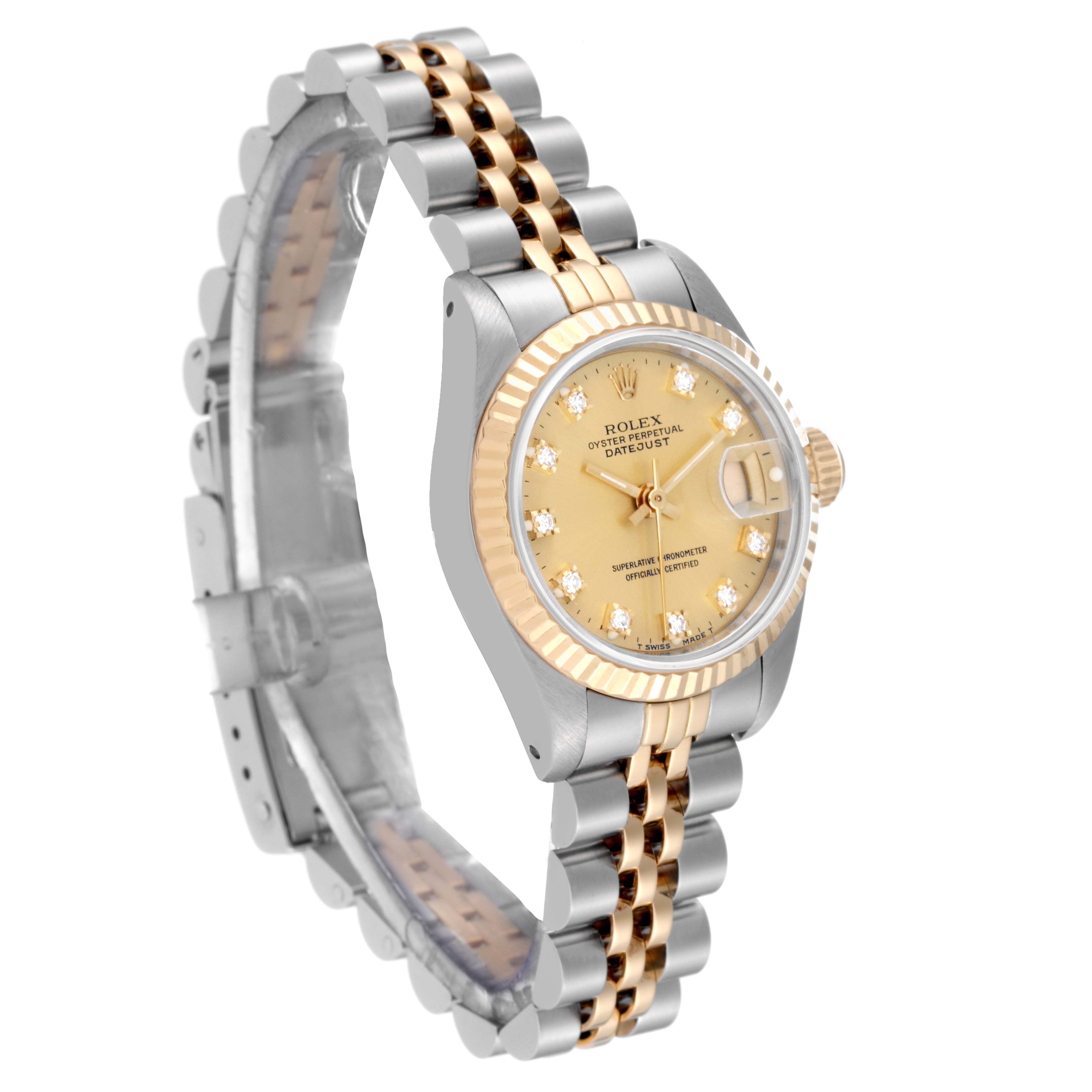 This image shows the Rolex Datejust 69173G Women's Stainless Steel Champagne Dial 69173G Women's Stainless Steel Champagne Dial watch at a three-quarter angle, highlighting the face, bezel, and bracelet.