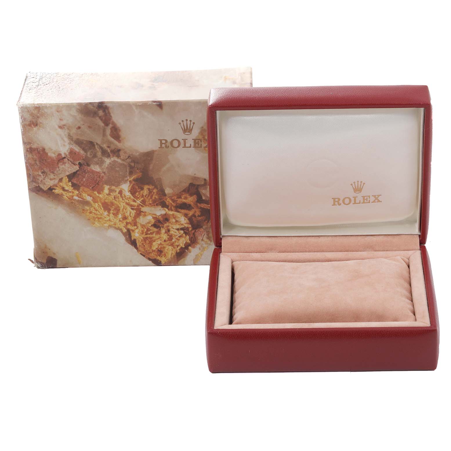 The image shows the opened watch box and the outer box for a Rolex Datejust 69173G Women's Stainless Steel Champagne Dial 69173G Women's Stainless Steel Champagne Dial model.