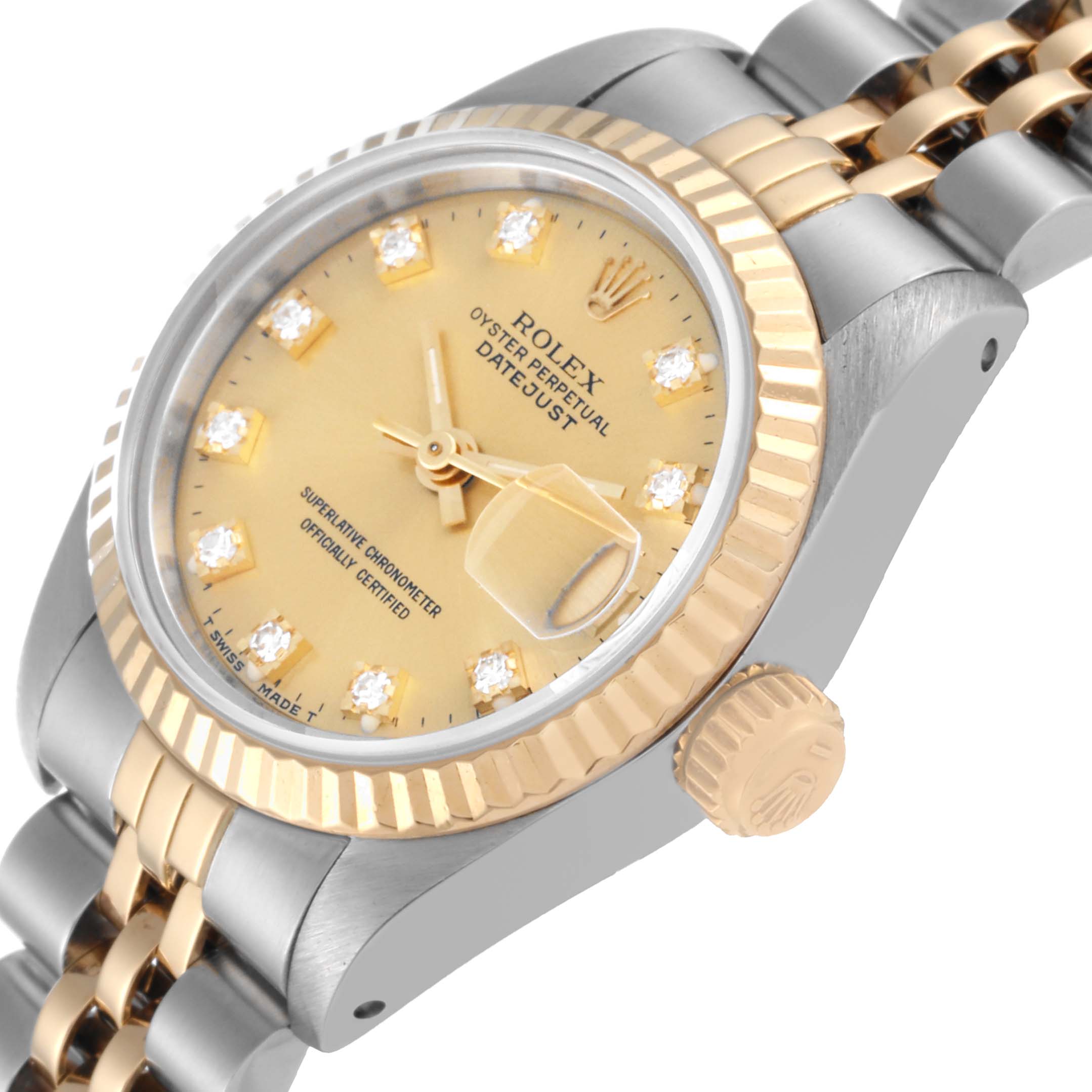 This Rolex Datejust 69173G Women's Stainless Steel Champagne Dial 69173G Women's Stainless Steel Champagne Dial watch is shown at a slight angle, featuring the dial, crown, and part of the bracelet.