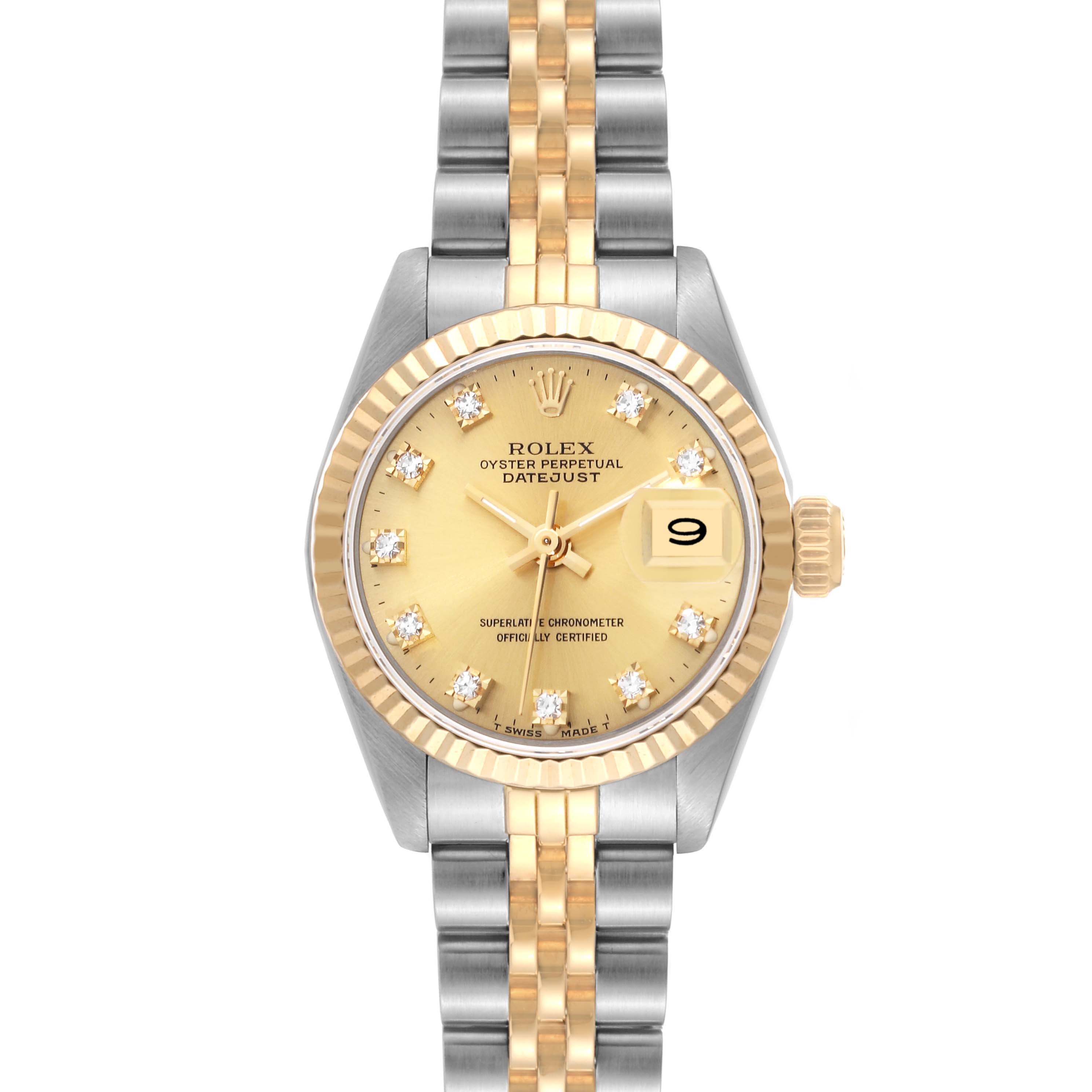 The image shows a front view of the Rolex Datejust 69173G Women's Stainless Steel Champagne Dial 69173G Women's Stainless Steel Champagne Dial watch featuring a gold dial, diamond hour markers, and a two-tone bracelet.