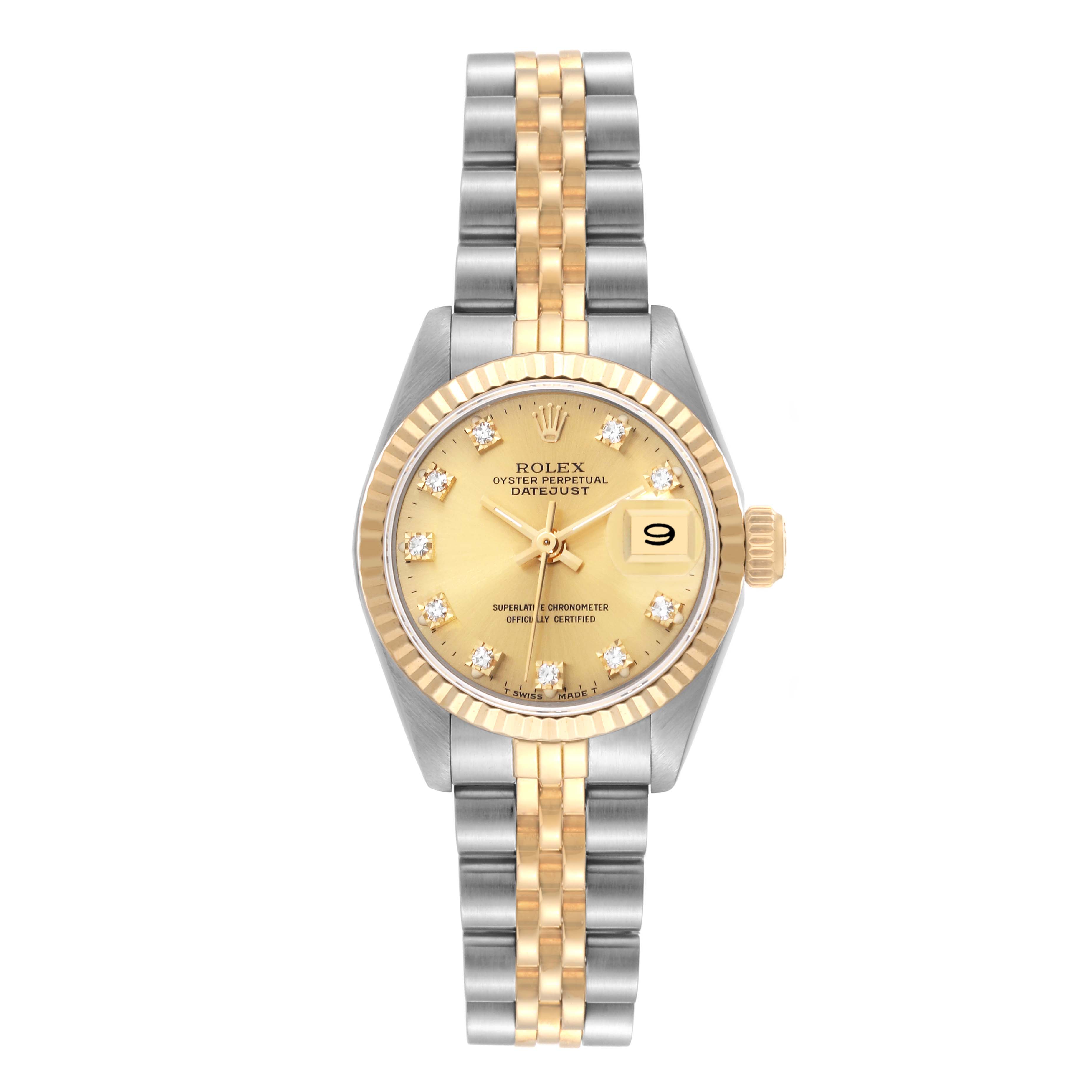 The image shows a frontal view of a Rolex Datejust 69173G Women's Stainless Steel Champagne Dial 69173G Women's Stainless Steel Champagne Dial watch, highlighting its dial, bezel, and two-tone bracelet.