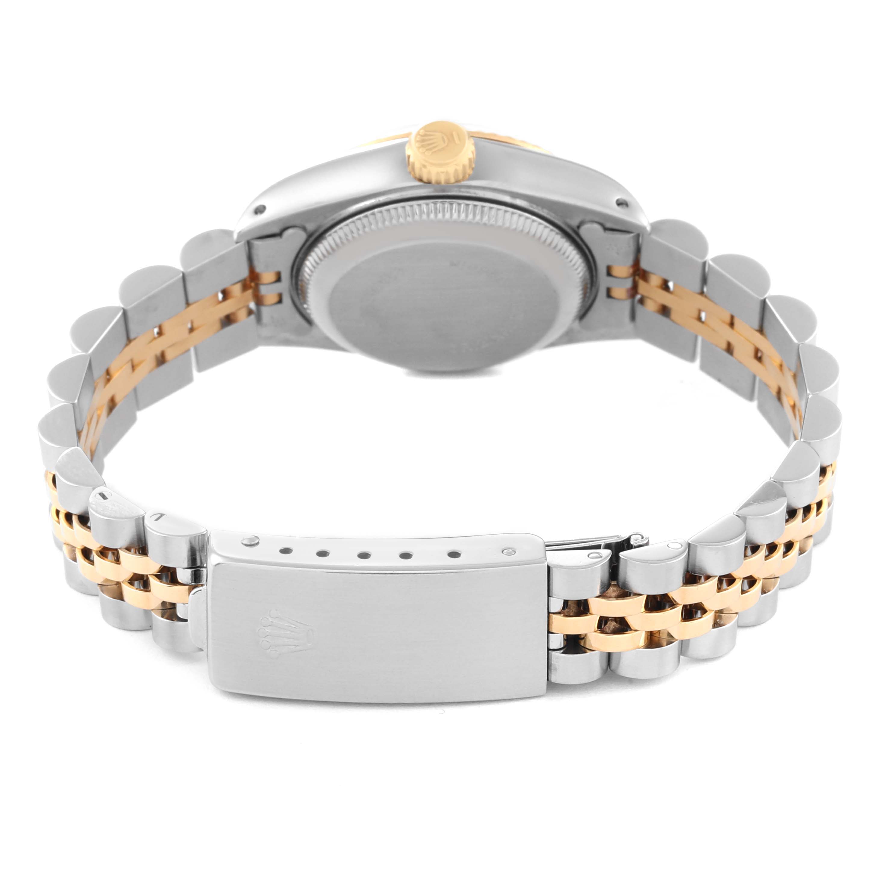 This image shows the back and clasp of the Rolex Datejust 69173G Women's Stainless Steel Champagne Dial 69173G Women's Stainless Steel Champagne Dial watch, highlighting its two-tone metal bracelet.