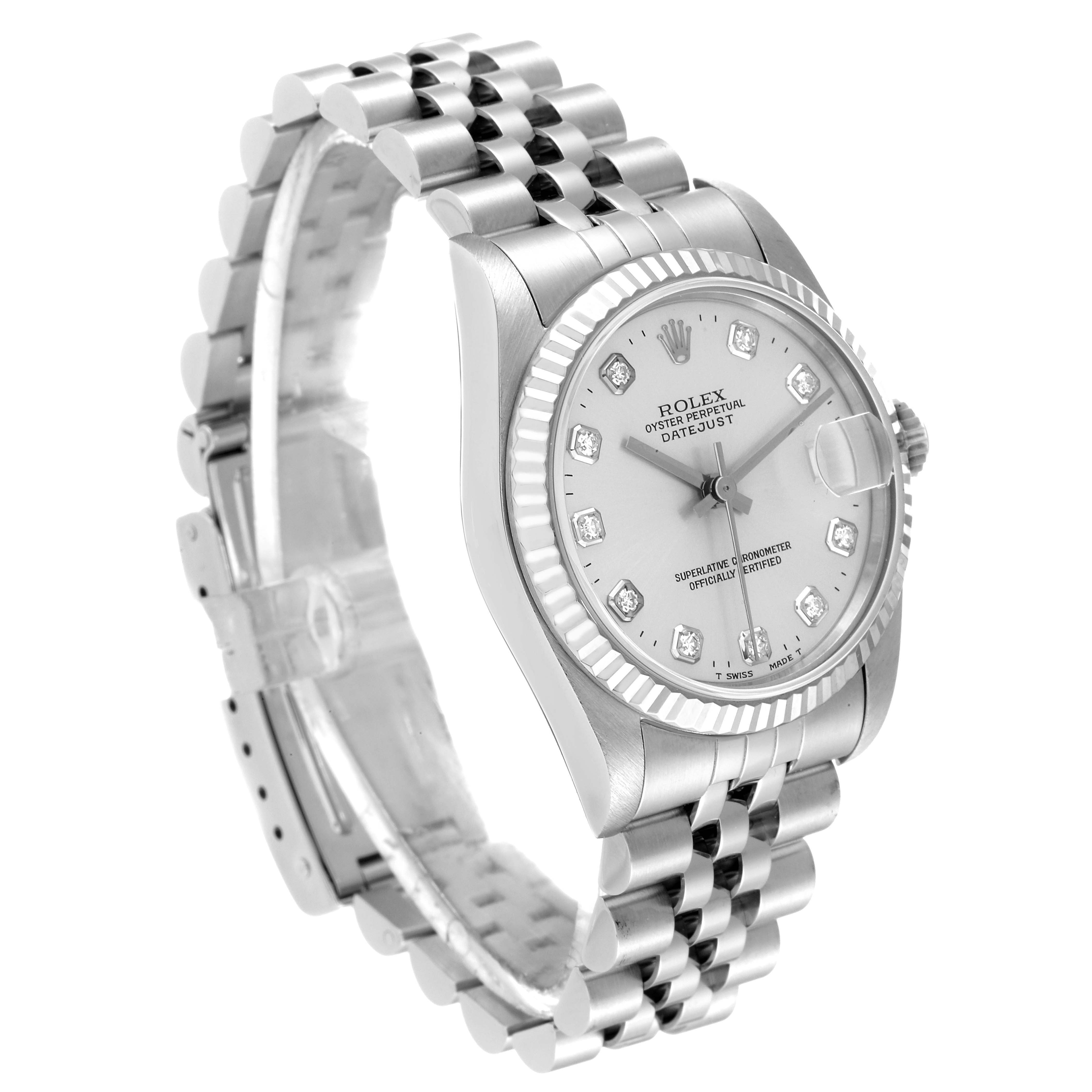 The image shows a Mid-Size Rolex watch at a three-quarter angle, highlighting its face, bracelet, and side profile.