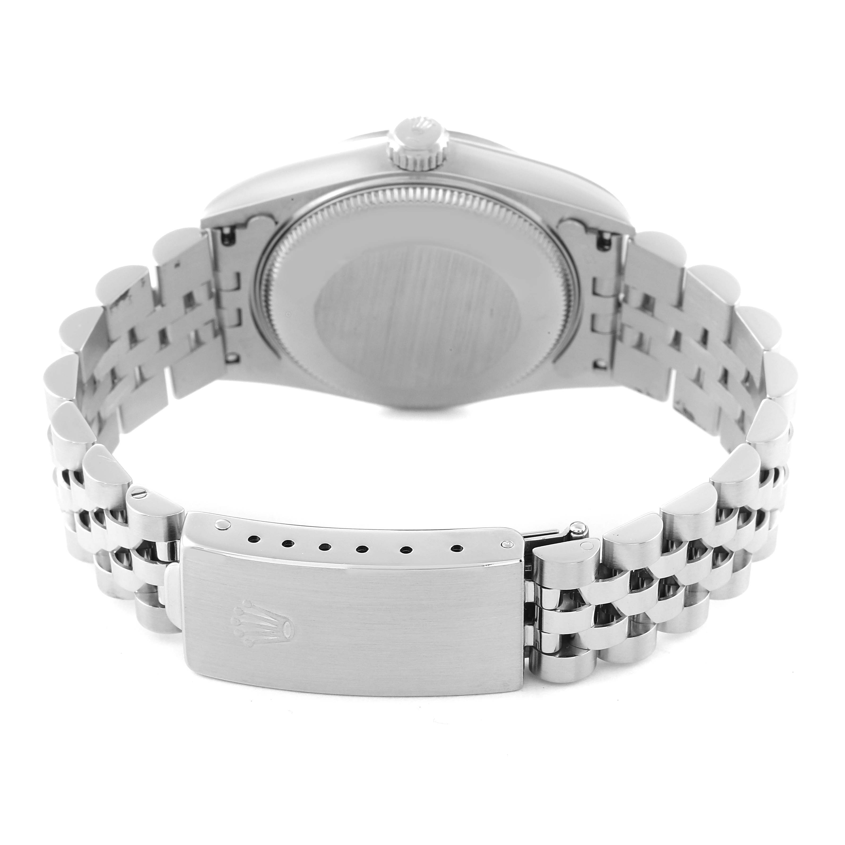 This image shows the back view of a Mid-Size Rolex watch, highlighting the clasp, bracelet, and case back.