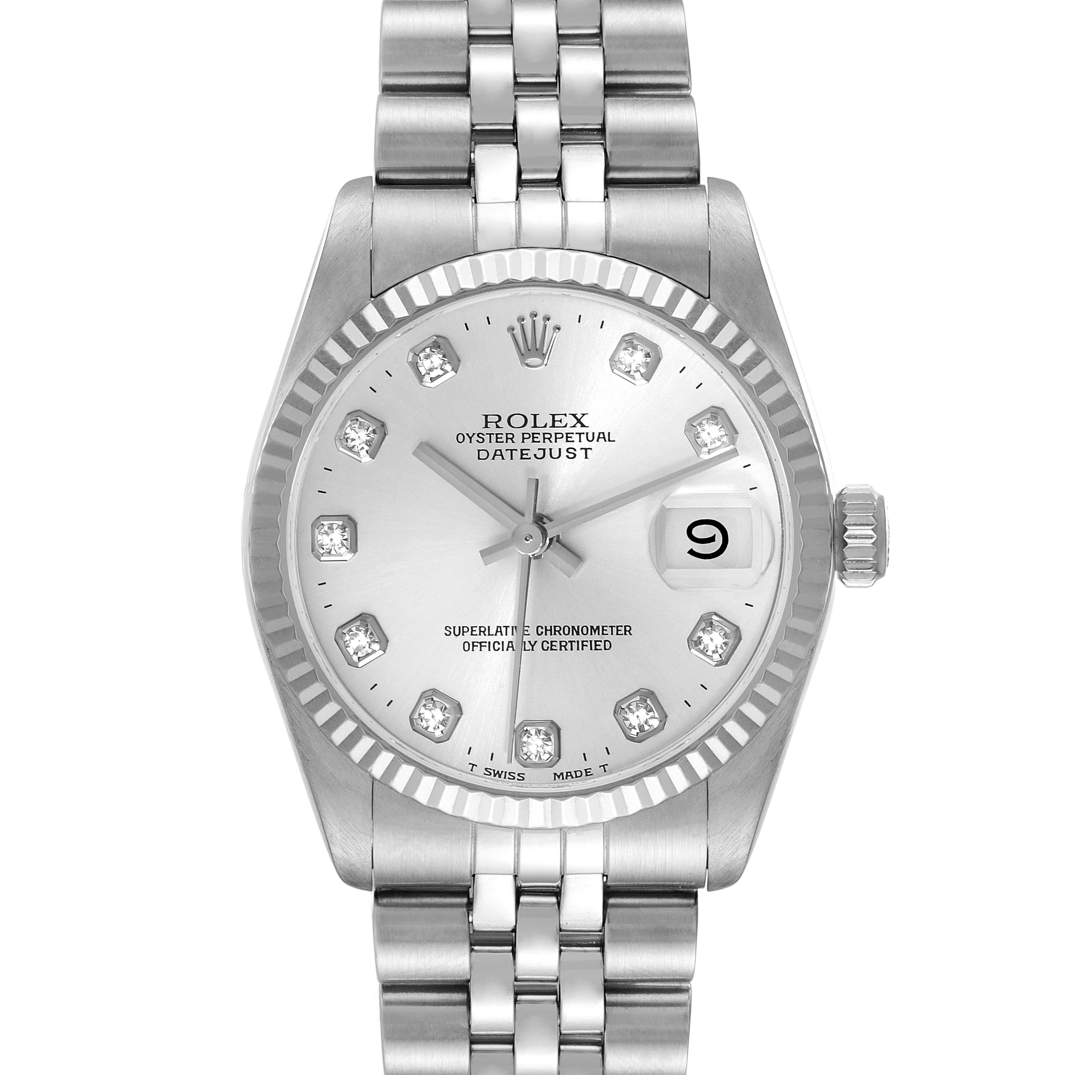 The image shows a frontal view of a Mid-Size Rolex Datejust, highlighting its dial, bezel, crown, and bracelet.